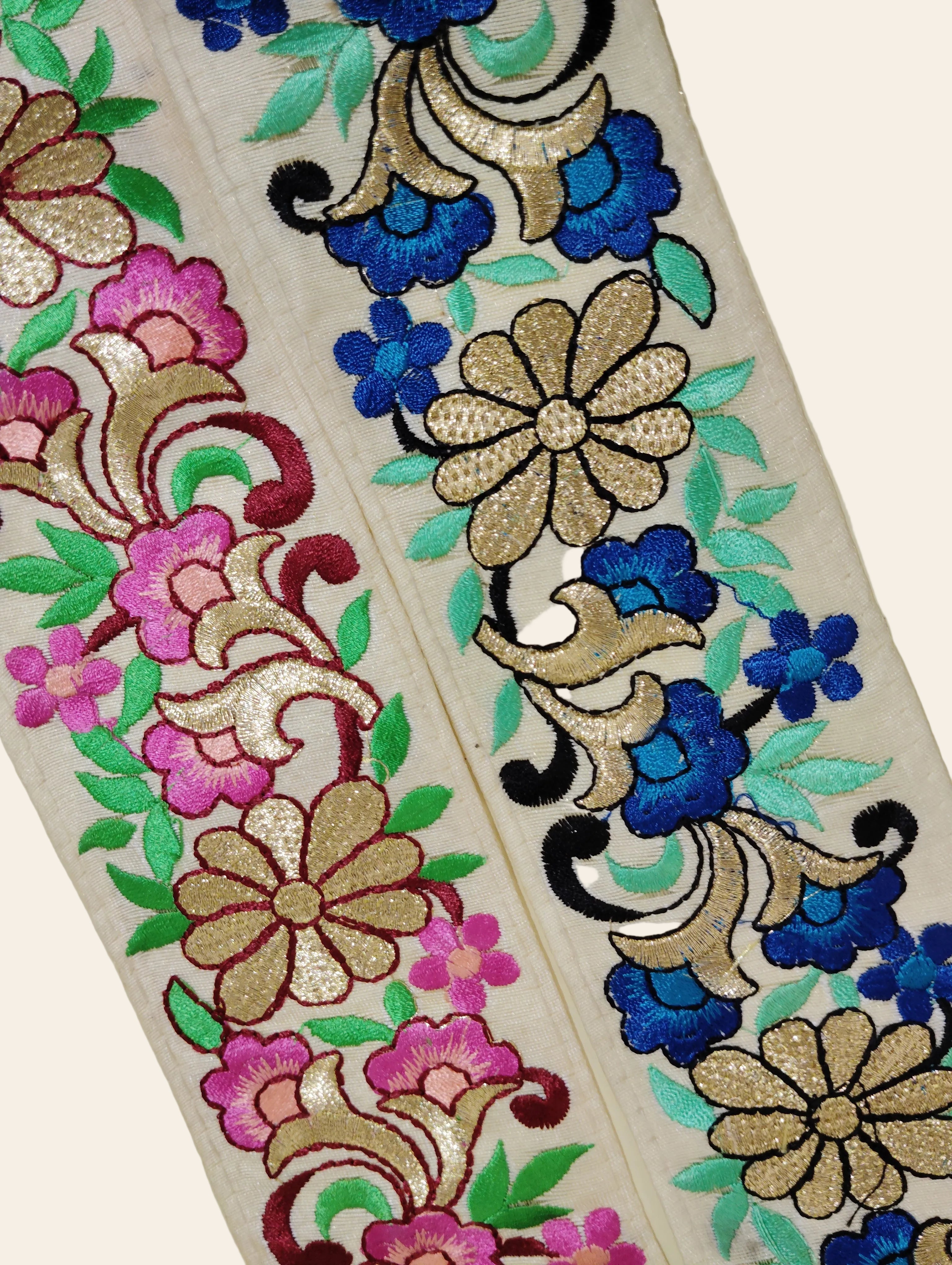 Elegant Floral Vine Silk Lace Trim with Gold Accents