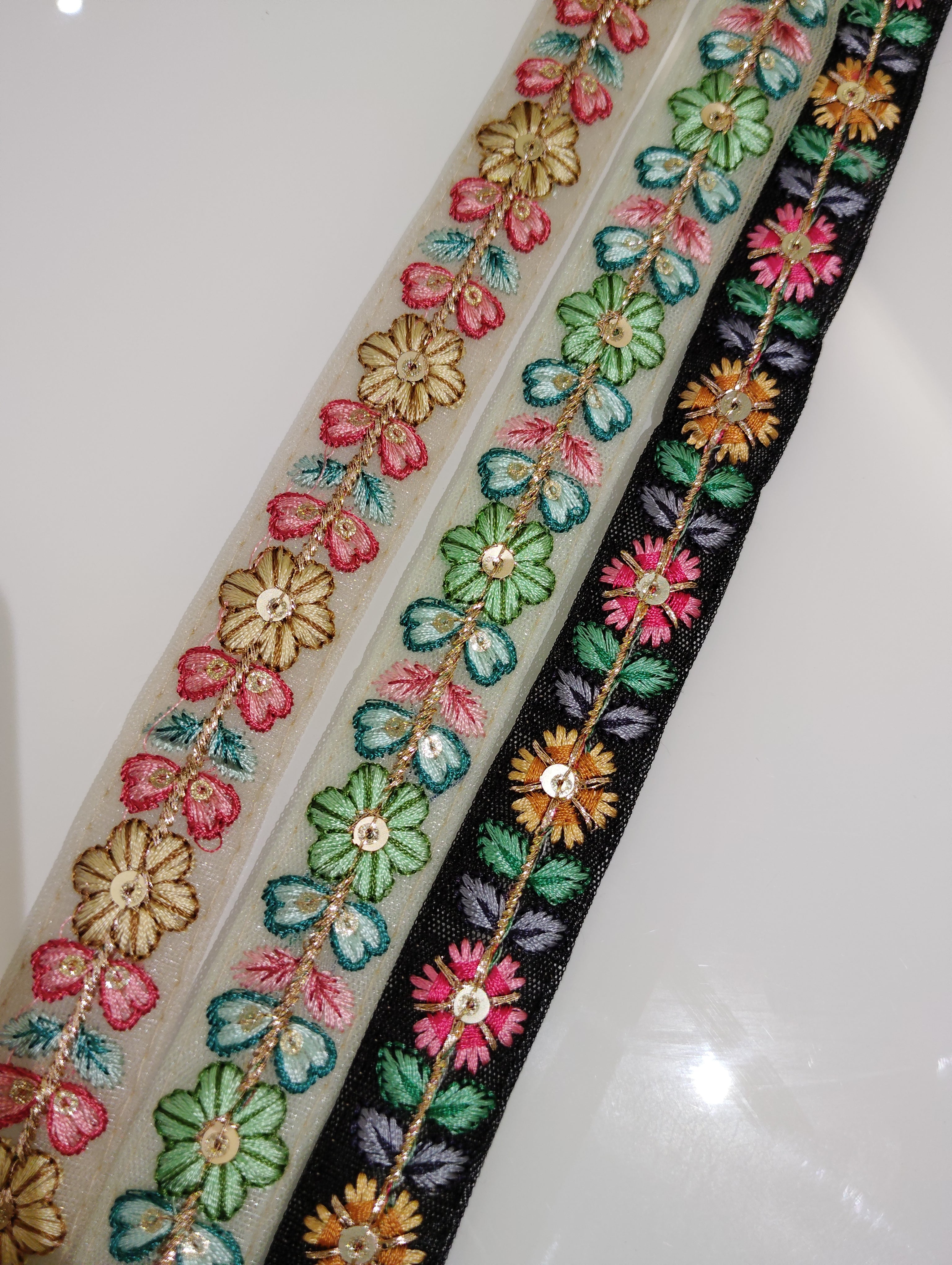Floral Embroidered Lace Trim with Sequins