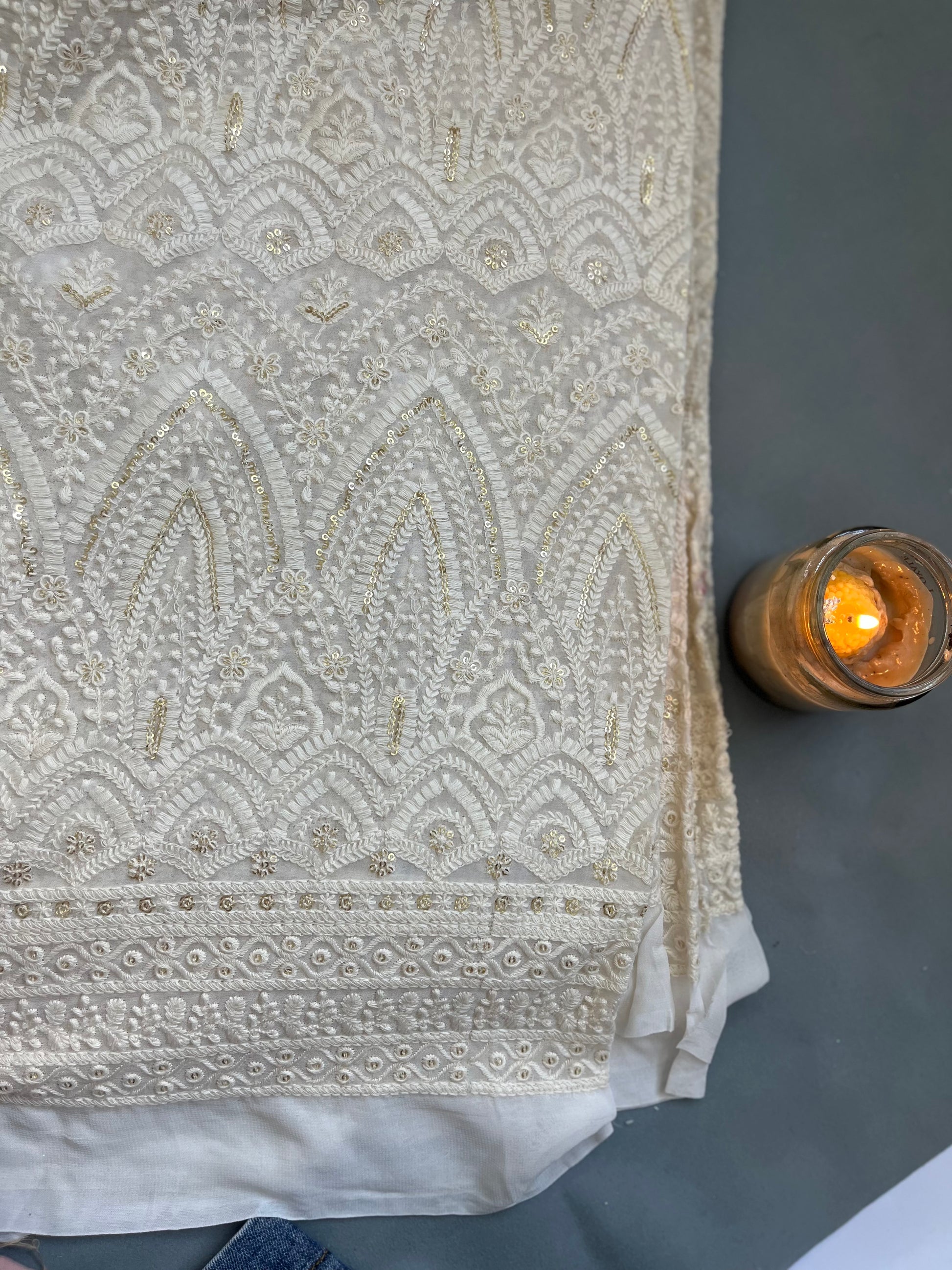 Premium Off-White Georgette Chikankari Fabric with Intricate Sequin Work
