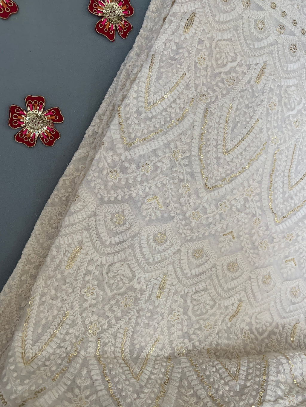 Premium Off-White Georgette Chikankari Fabric with Intricate Sequin Work