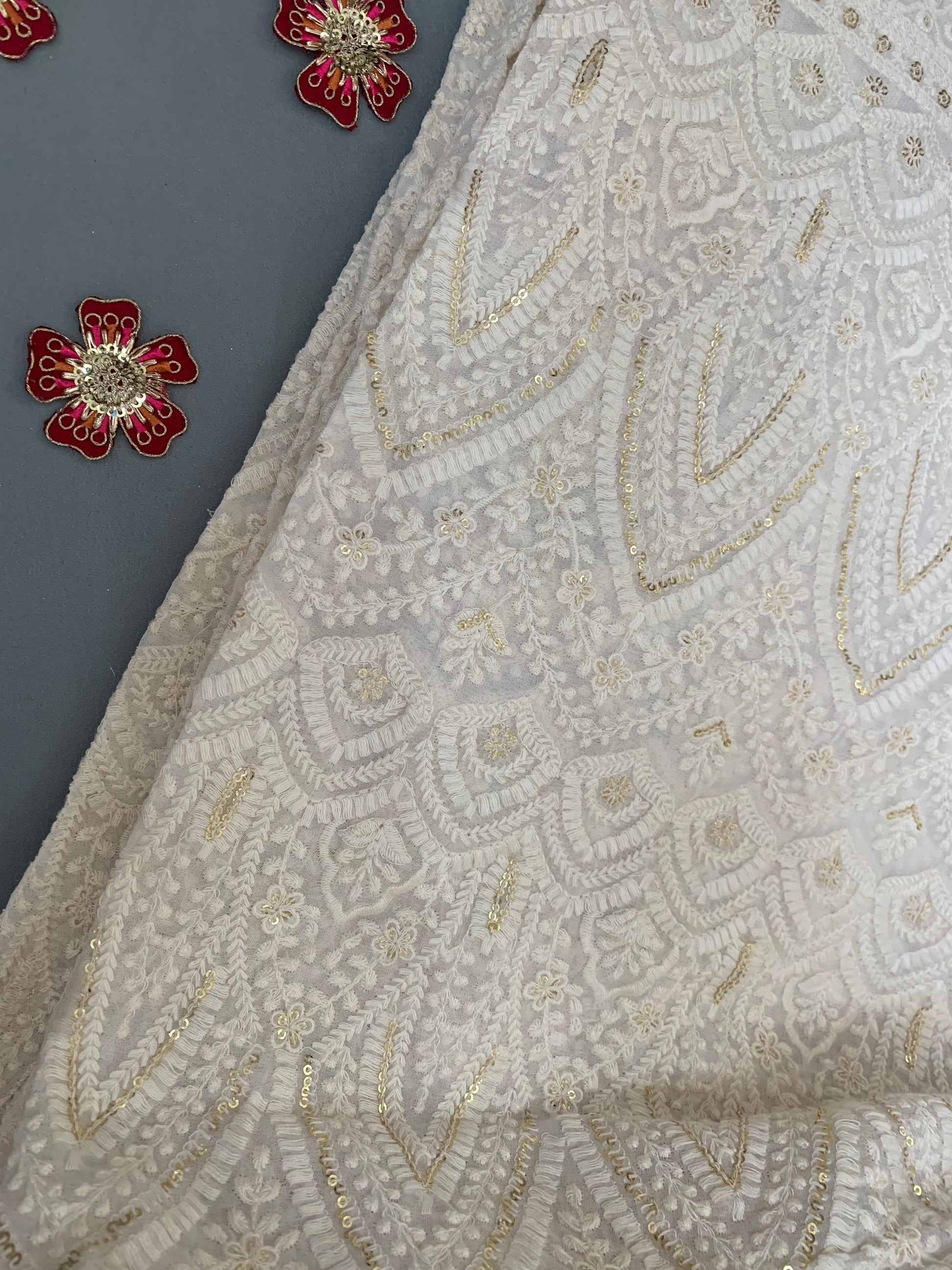 Premium Off-White Georgette Chikankari Fabric with Intricate Sequin Work