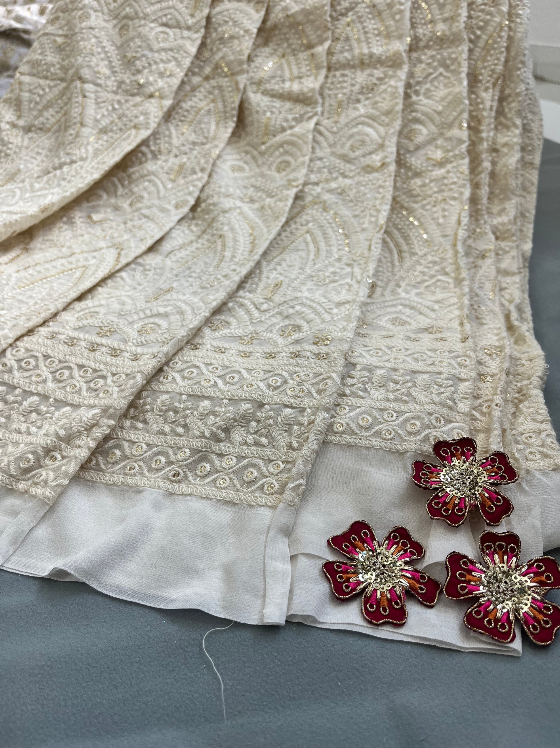 Premium Off-White Georgette Chikankari Fabric with Intricate Sequin Work