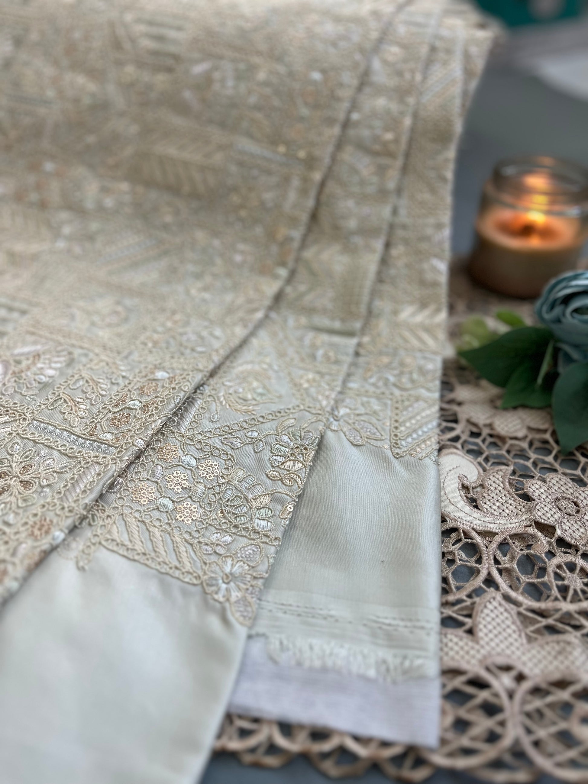 Luxury Champagne Gold Embroidered Fabric with Sequin Work