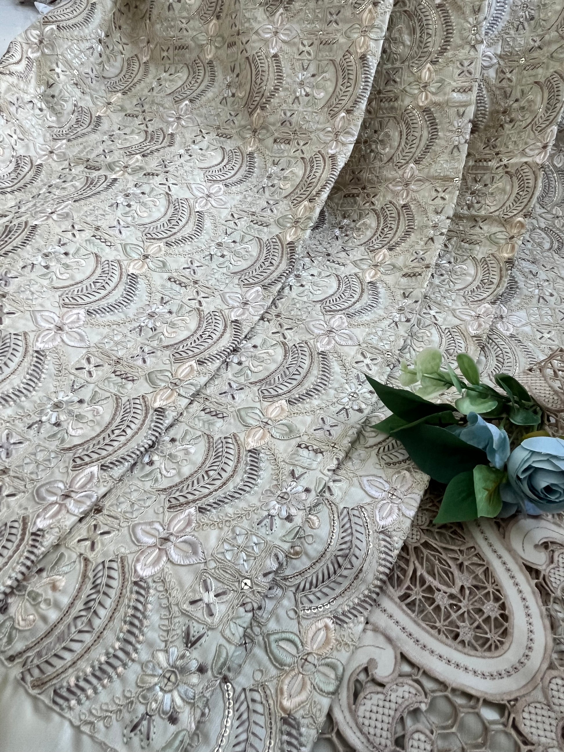 Beige Floral & Crescent Sequin Embroidered Net Fabric