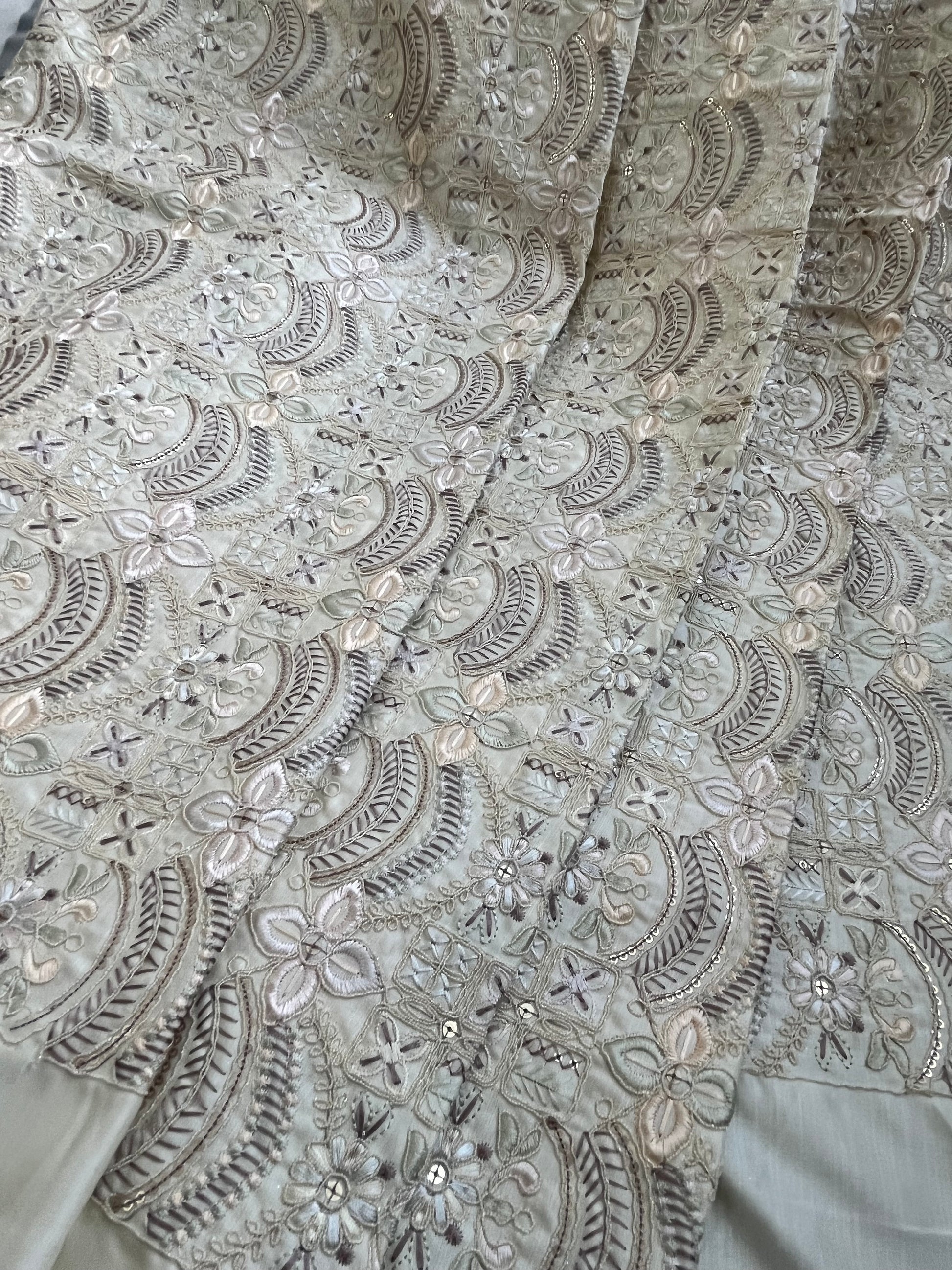 Beige Floral & Crescent Sequin Embroidered Net Fabric