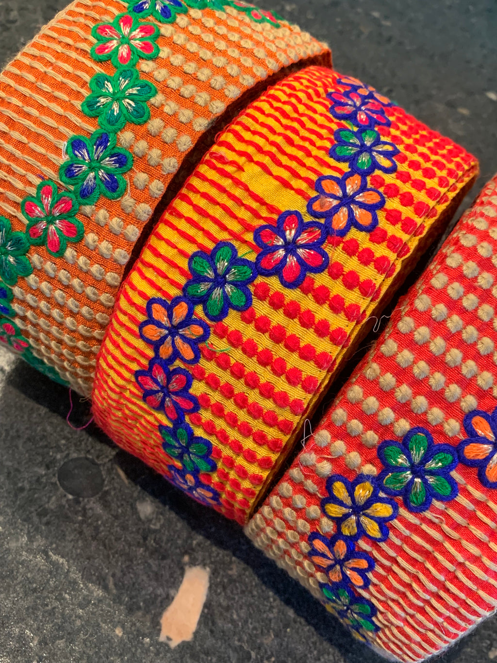 Premium Multicolored Floral Embroidered Cotton Lace Trim with Textured Geometric Borders
