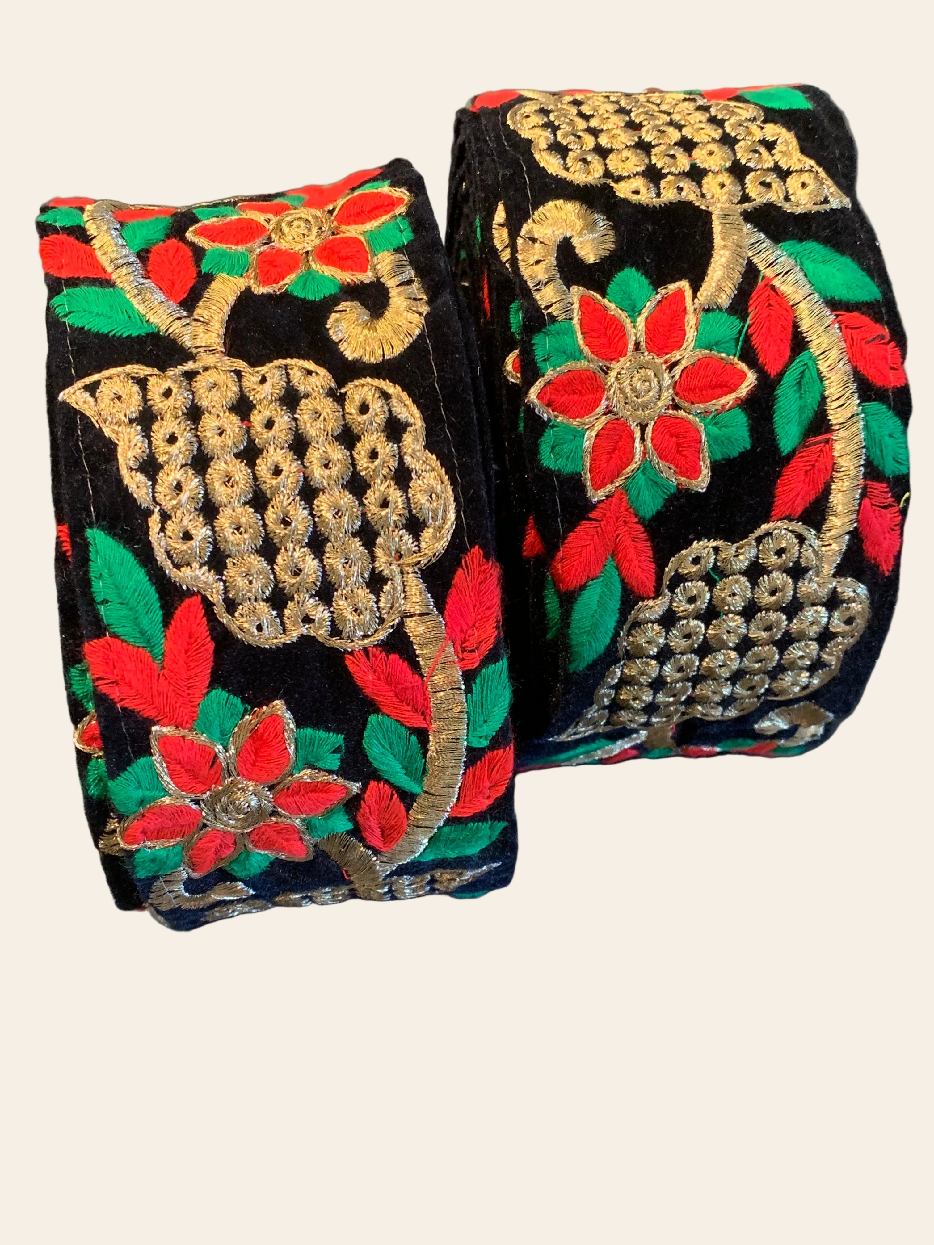 Premium Black Velvet Floral Embroidery Lace Trim with Golden Zari Work