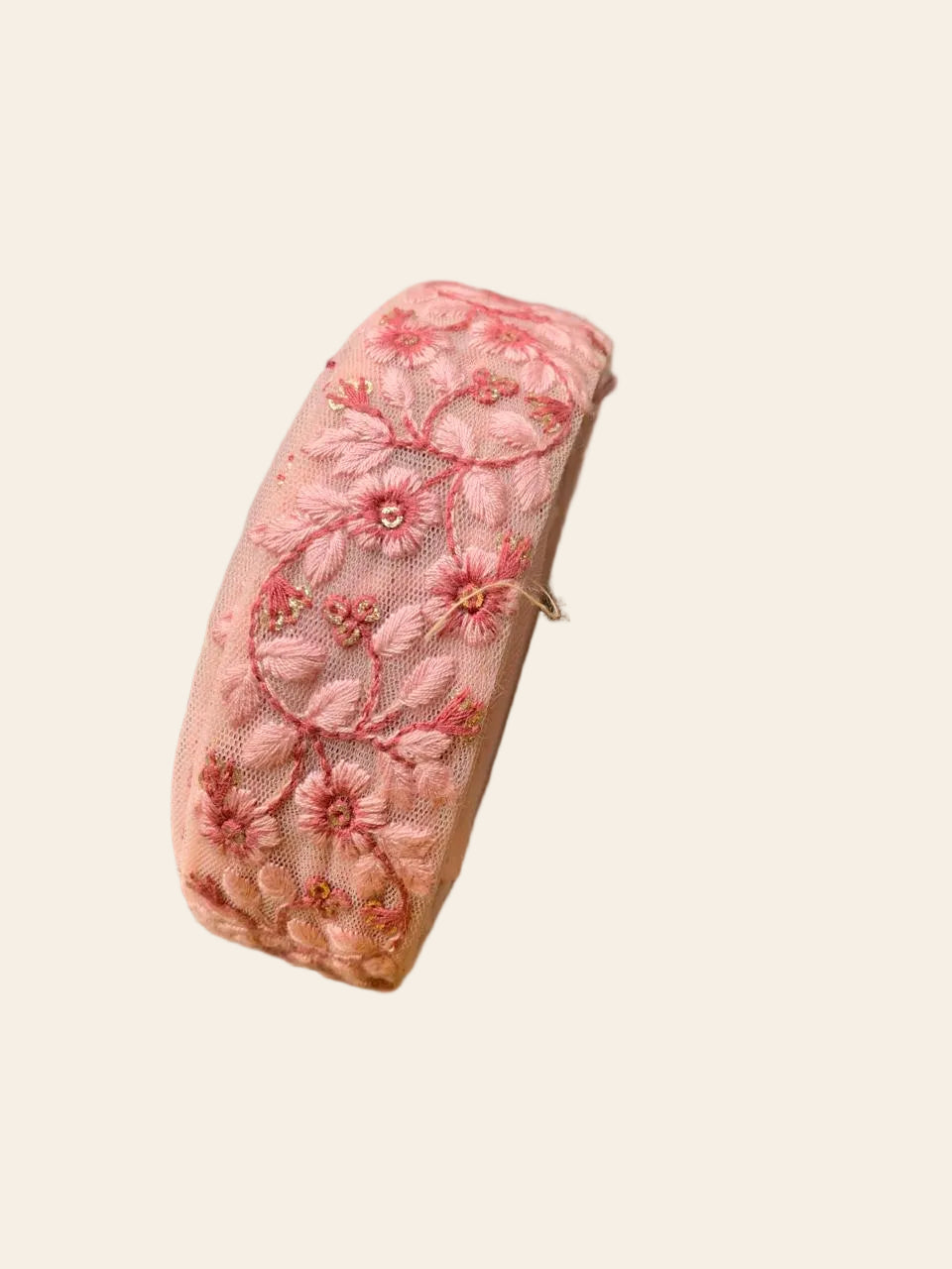 Monochrome Pink Floral Vine Zari Embroidered Net Trim
