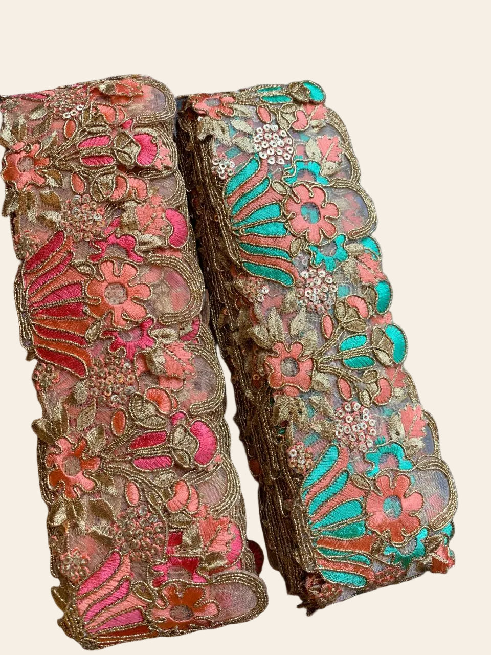 Exquisite Gold Zardozi Floral Lace Trim with Vibrant Silk Thread Work