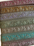 Multi-Color Floral Embroidered Net Lace Trim with Zari Work