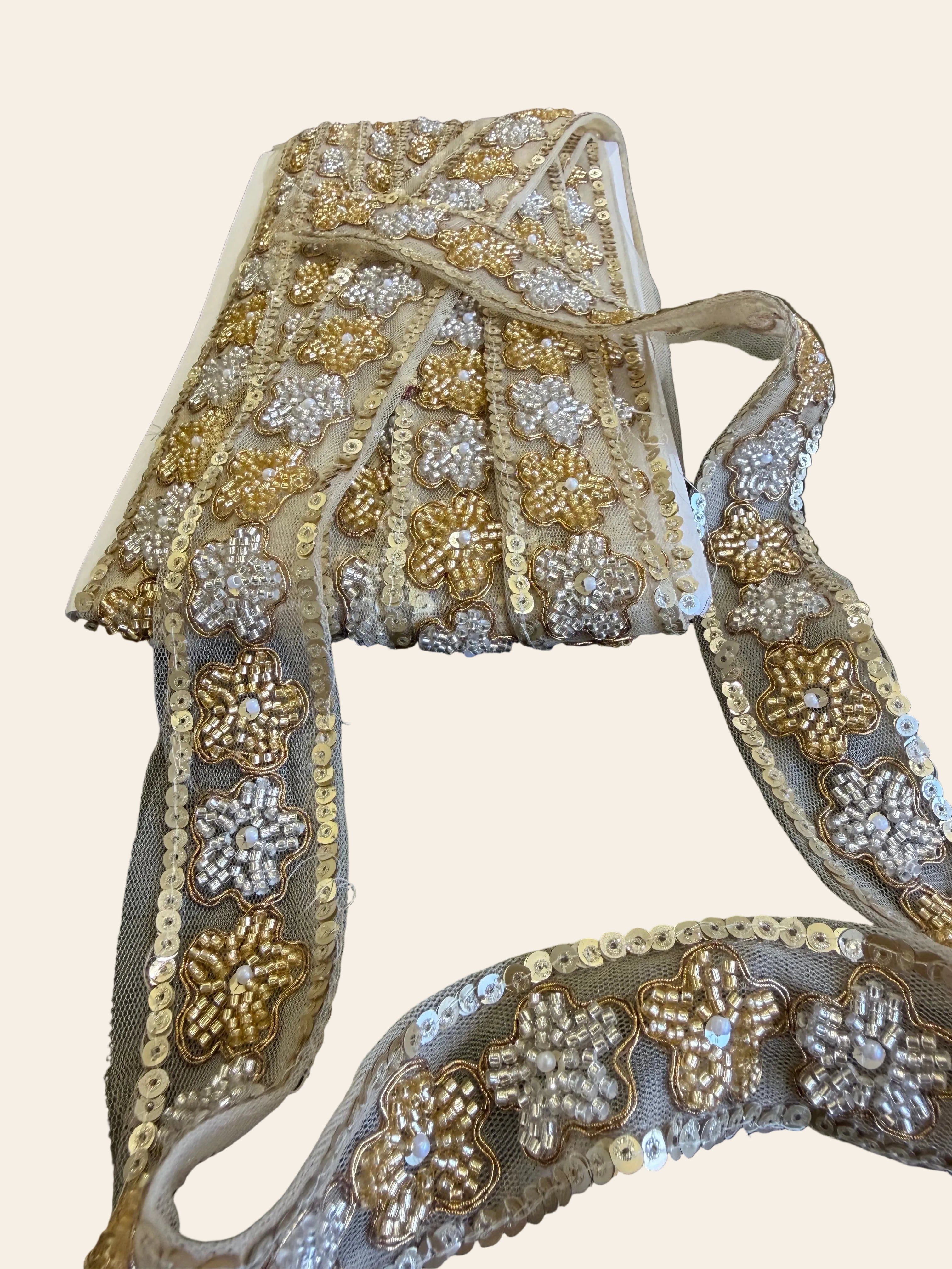 Handmade Gold and Silver Floral Beaded Lace Trim with Sequin Borders
