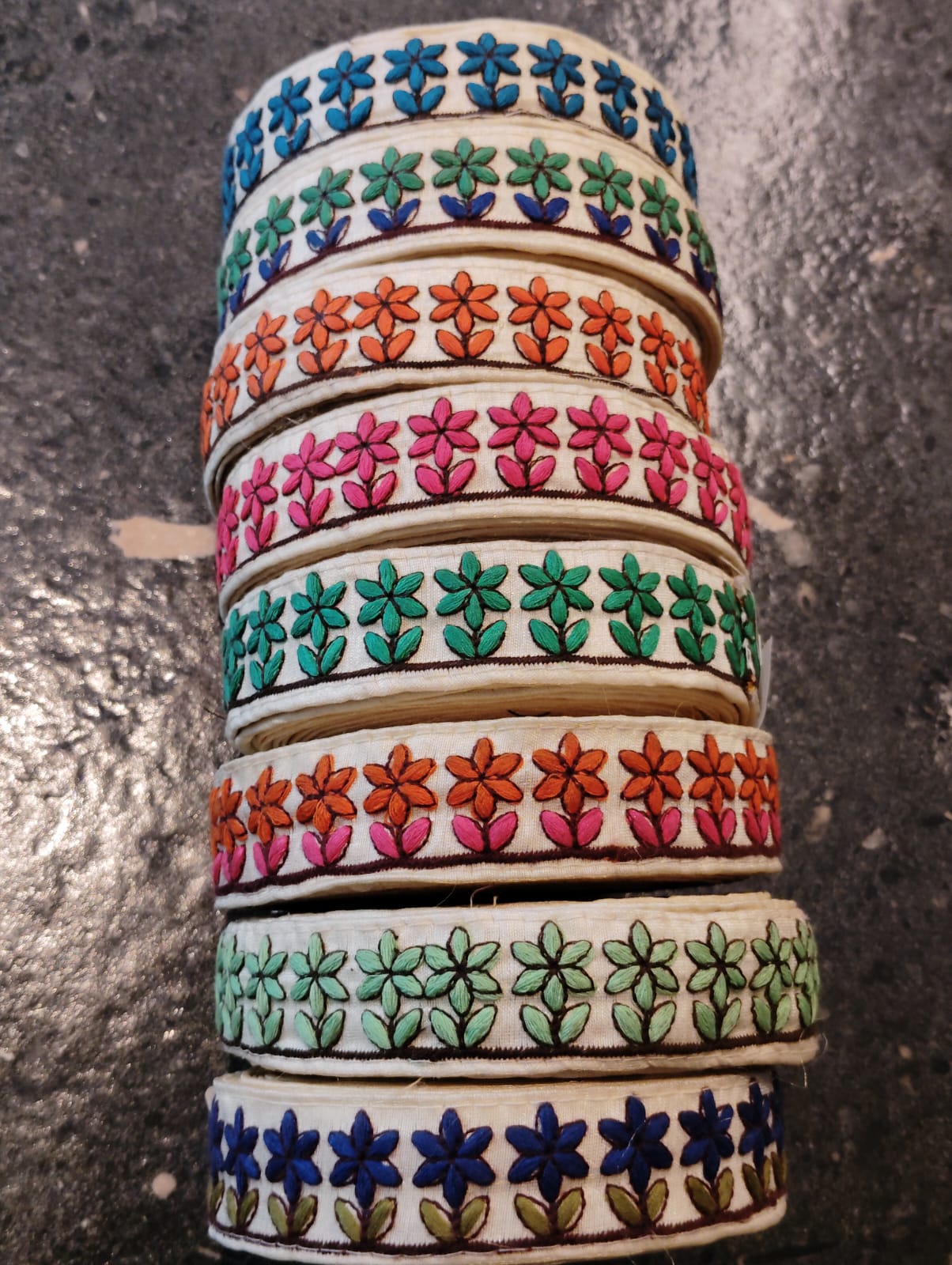Hand-Embroidered Floral Textile Border