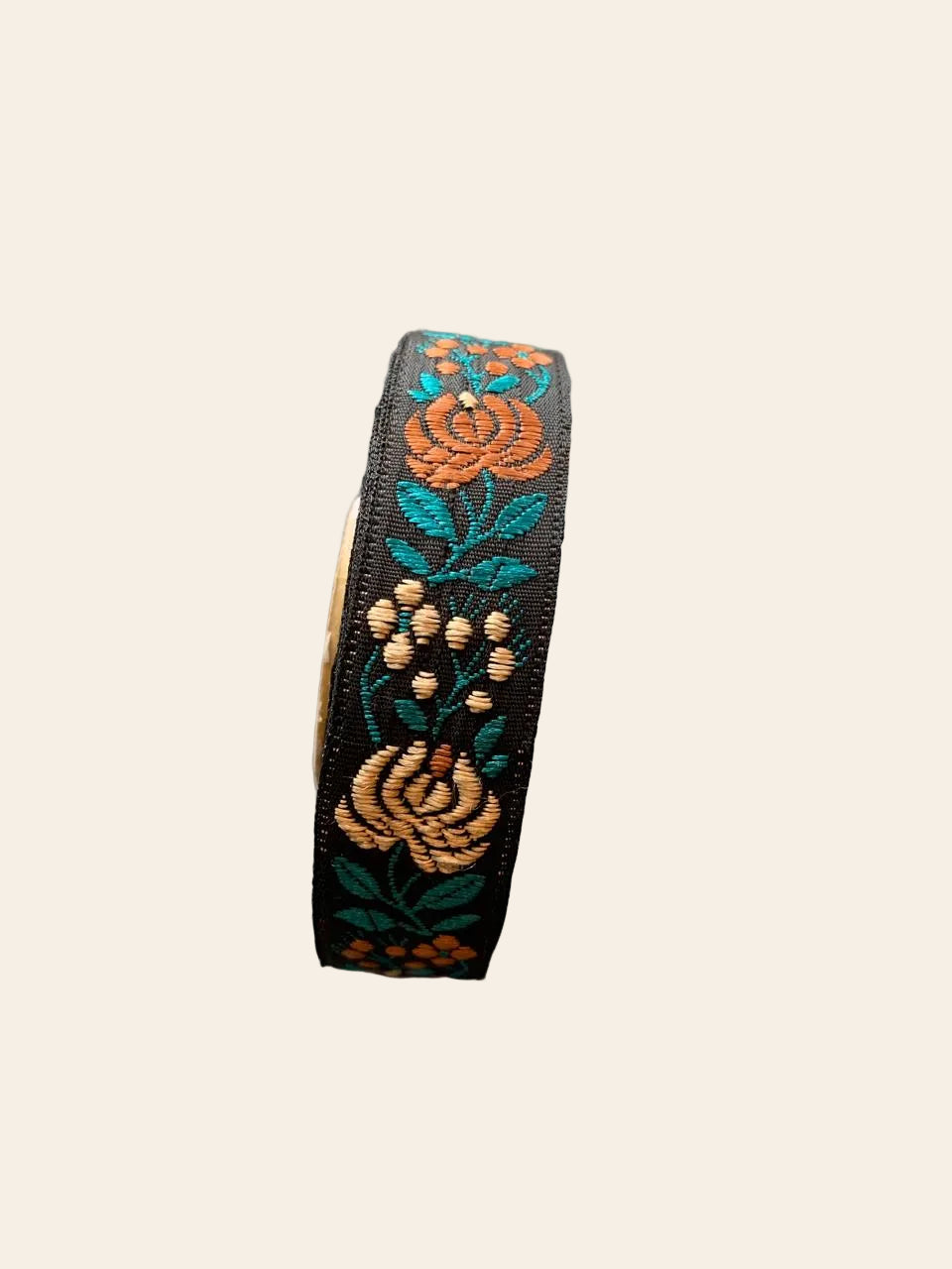 Vintage-Inspired Floral Jacquard Ribbon - Black with Copper & Teal Embroidery
