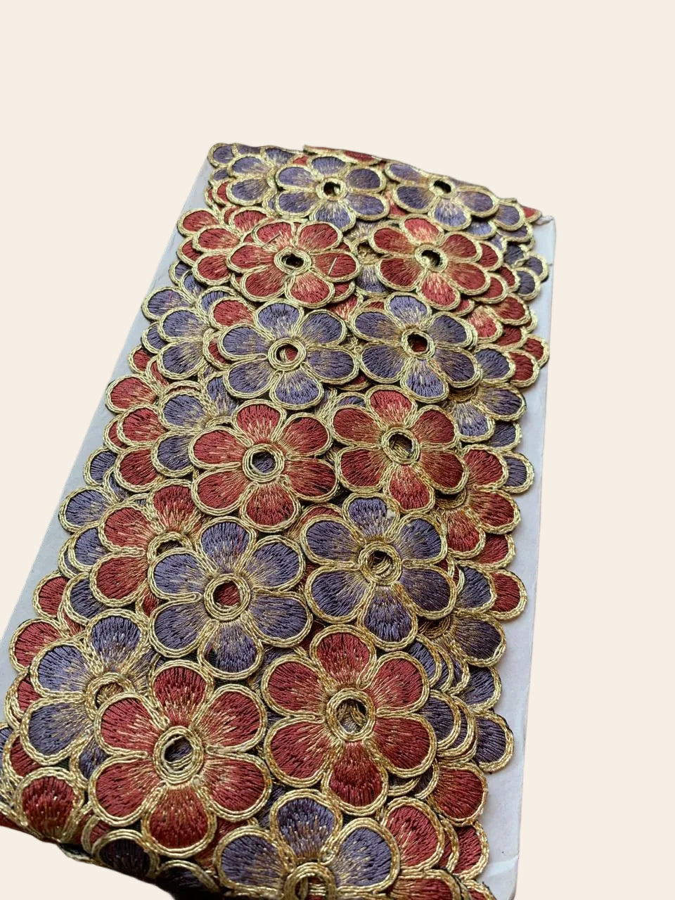 Dual-Tone Floral Embroidered Border Trim with Zari Outlining