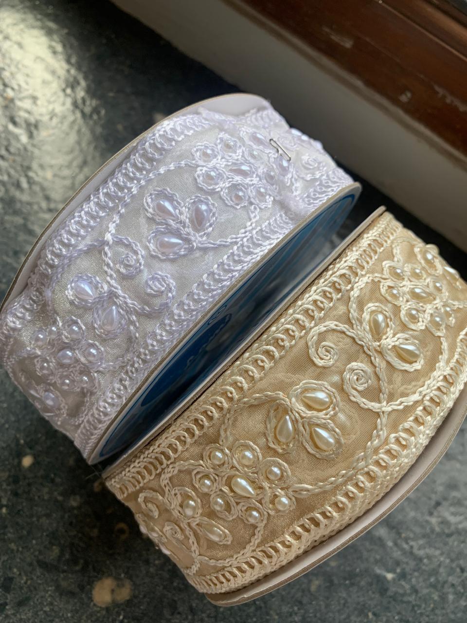 Ornate Faux-Pearl Embroidered Ribbon Trim