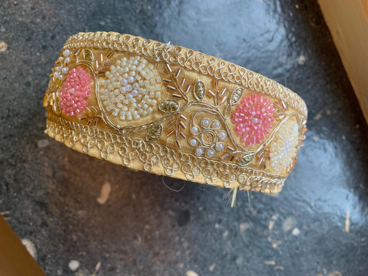 Premium Golden Zari & Beaded Floral Lace Trim
