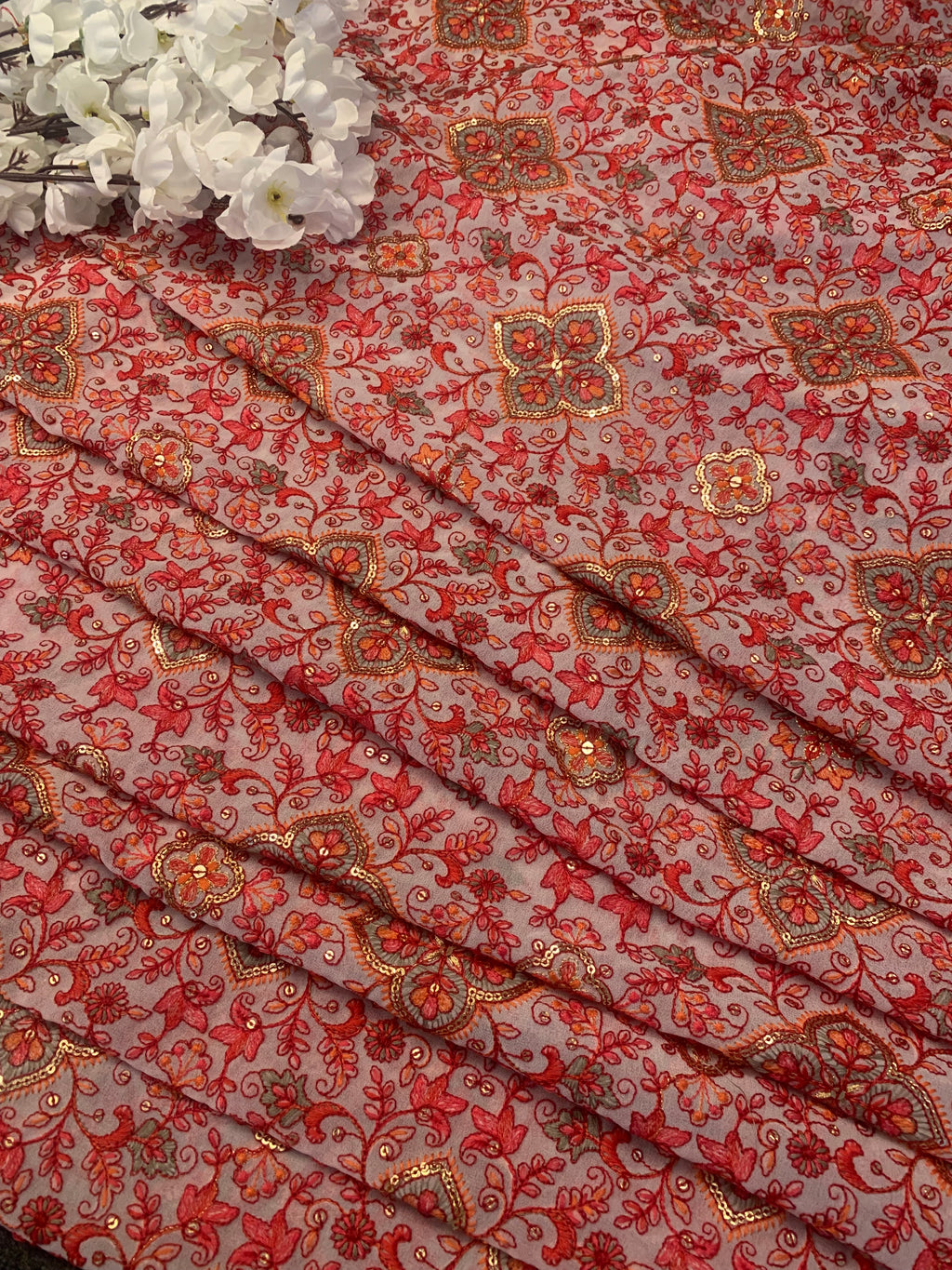 Red Floral Embroidered Georgette Fabric