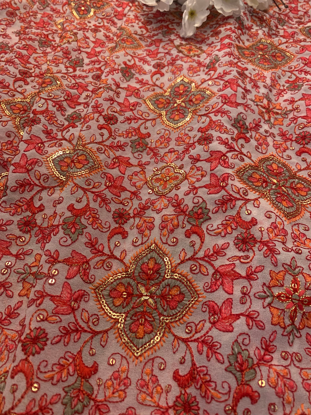 Red Floral Embroidered Georgette Fabric