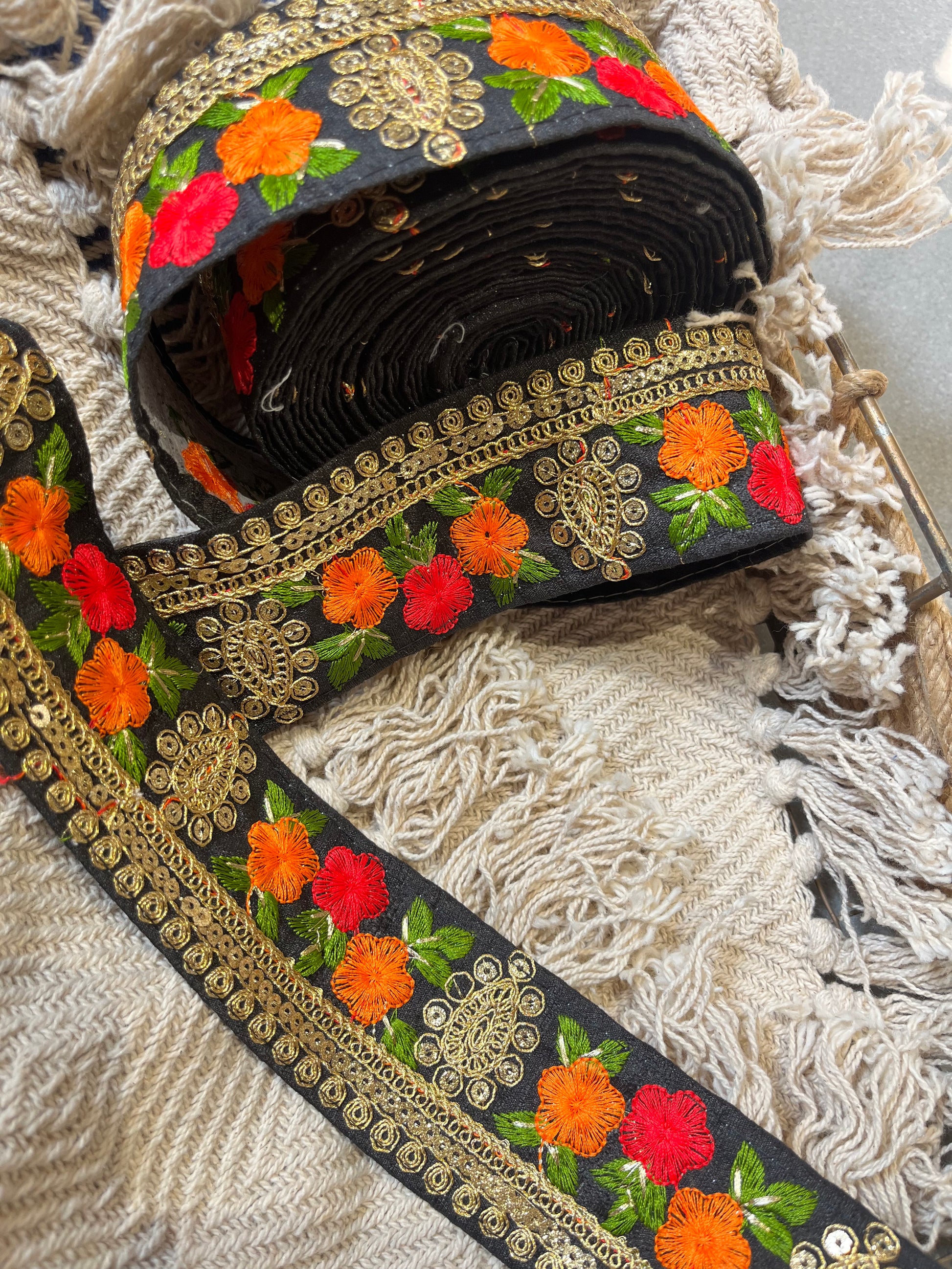 Black Silk-Base Designer Lace with Multi-Color Floral Embroidery & Gold Sequin Trim