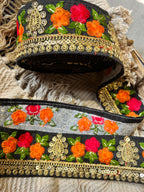 Black Silk-Base Designer Lace with Multi-Color Floral Embroidery & Gold Sequin Trim