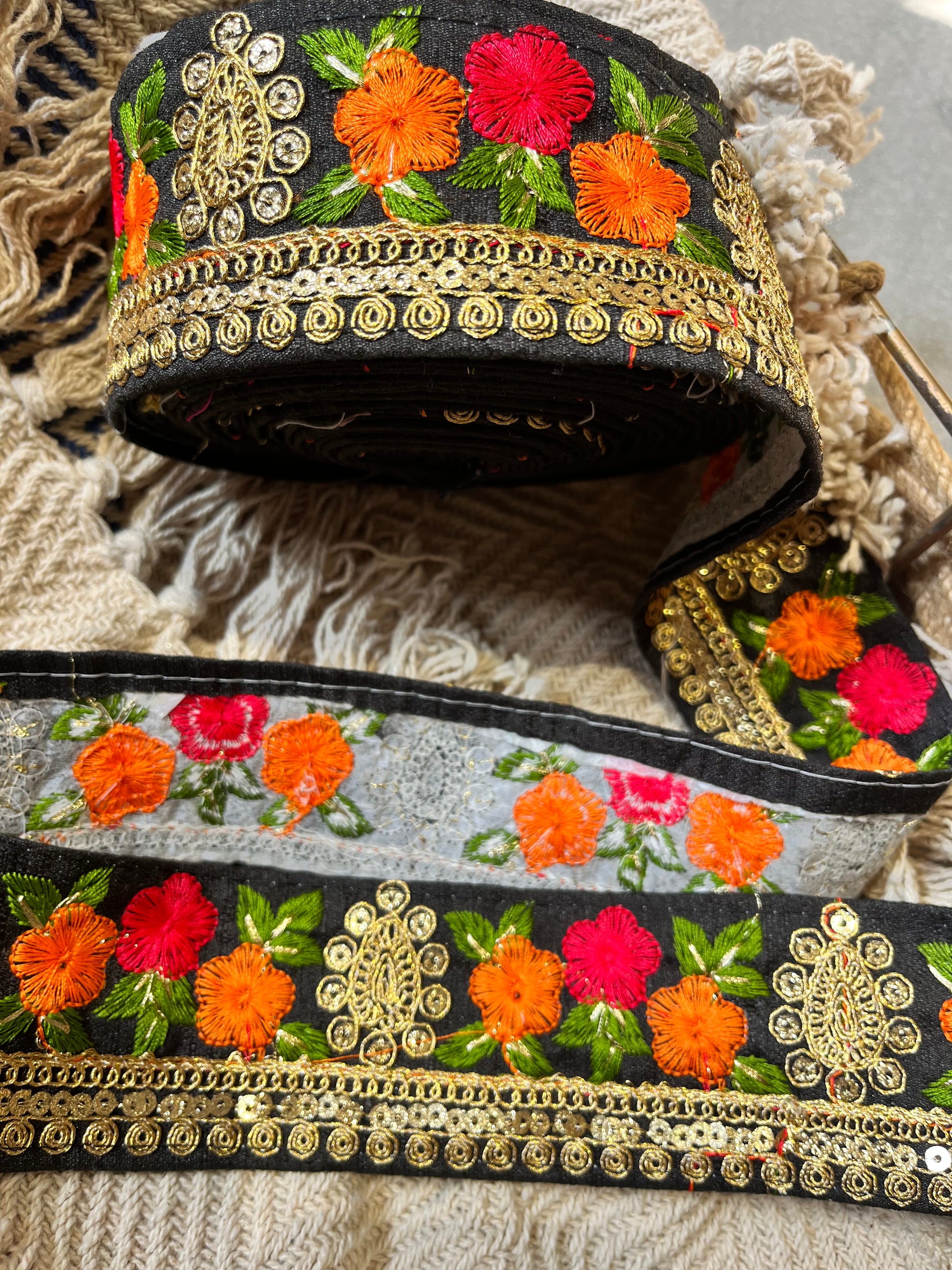 Black Silk-Base Designer Lace with Multi-Color Floral Embroidery & Gold Sequin Trim