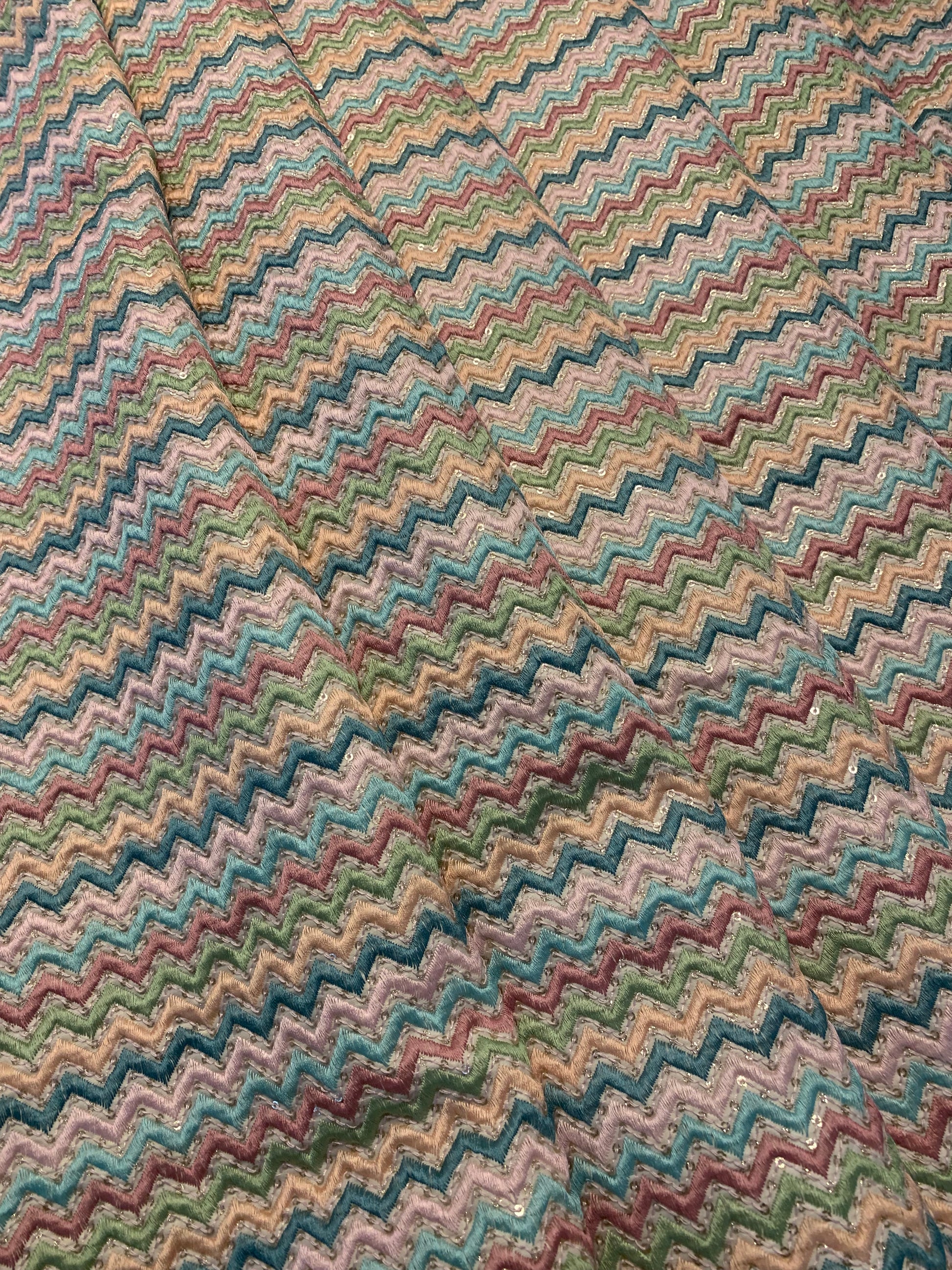 Multicolor Chevron Zig-Zag Embroidered Fabric with Sparkle Sequins