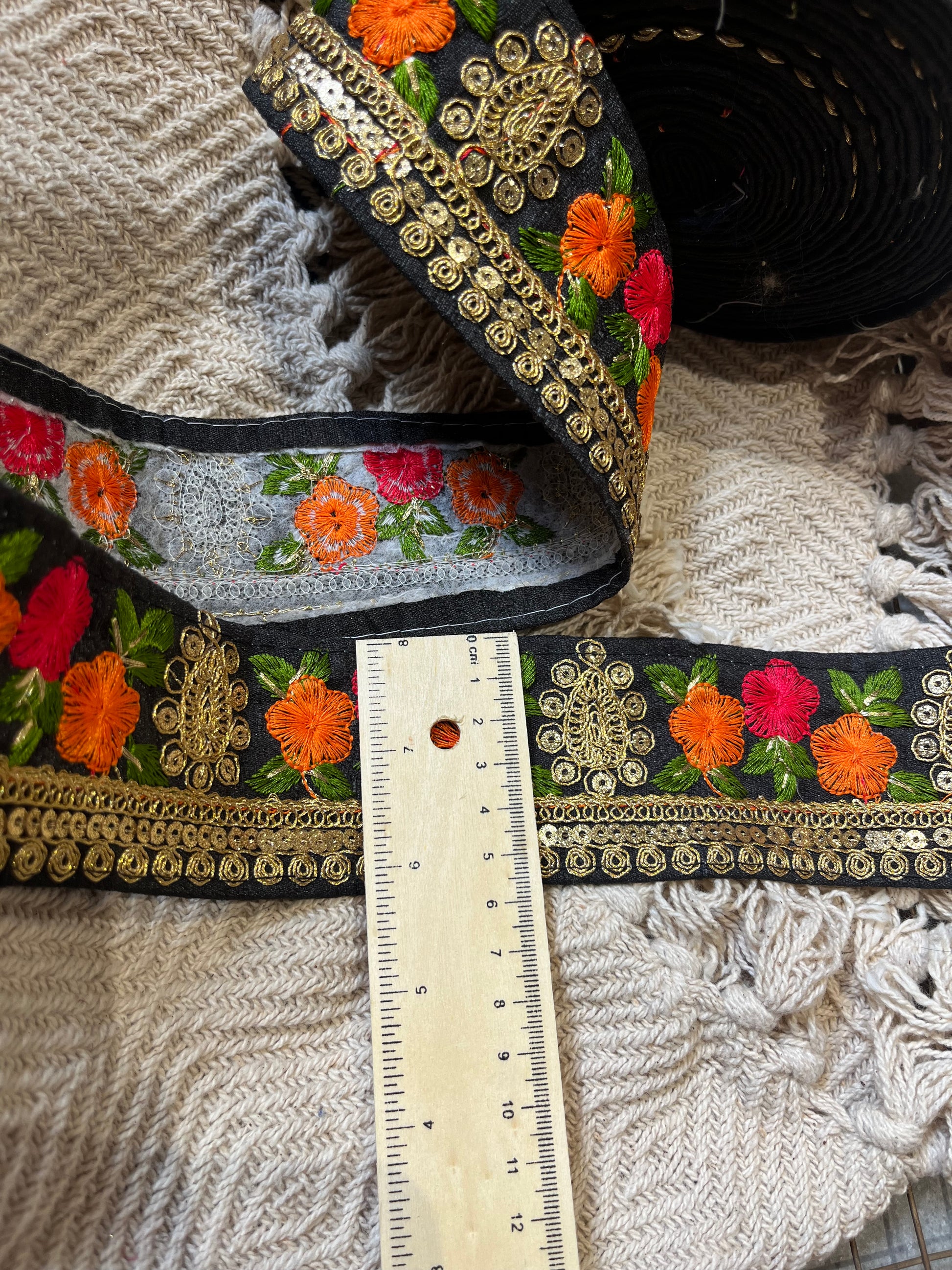 Black Silk-Base Designer Lace with Multi-Color Floral Embroidery & Gold Sequin Trim
