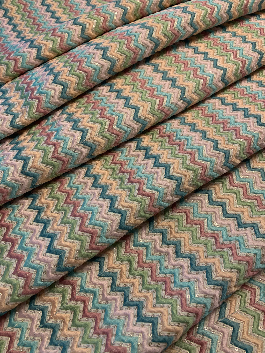 Multicolor Chevron Zig-Zag Embroidered Fabric with Sparkle Sequins