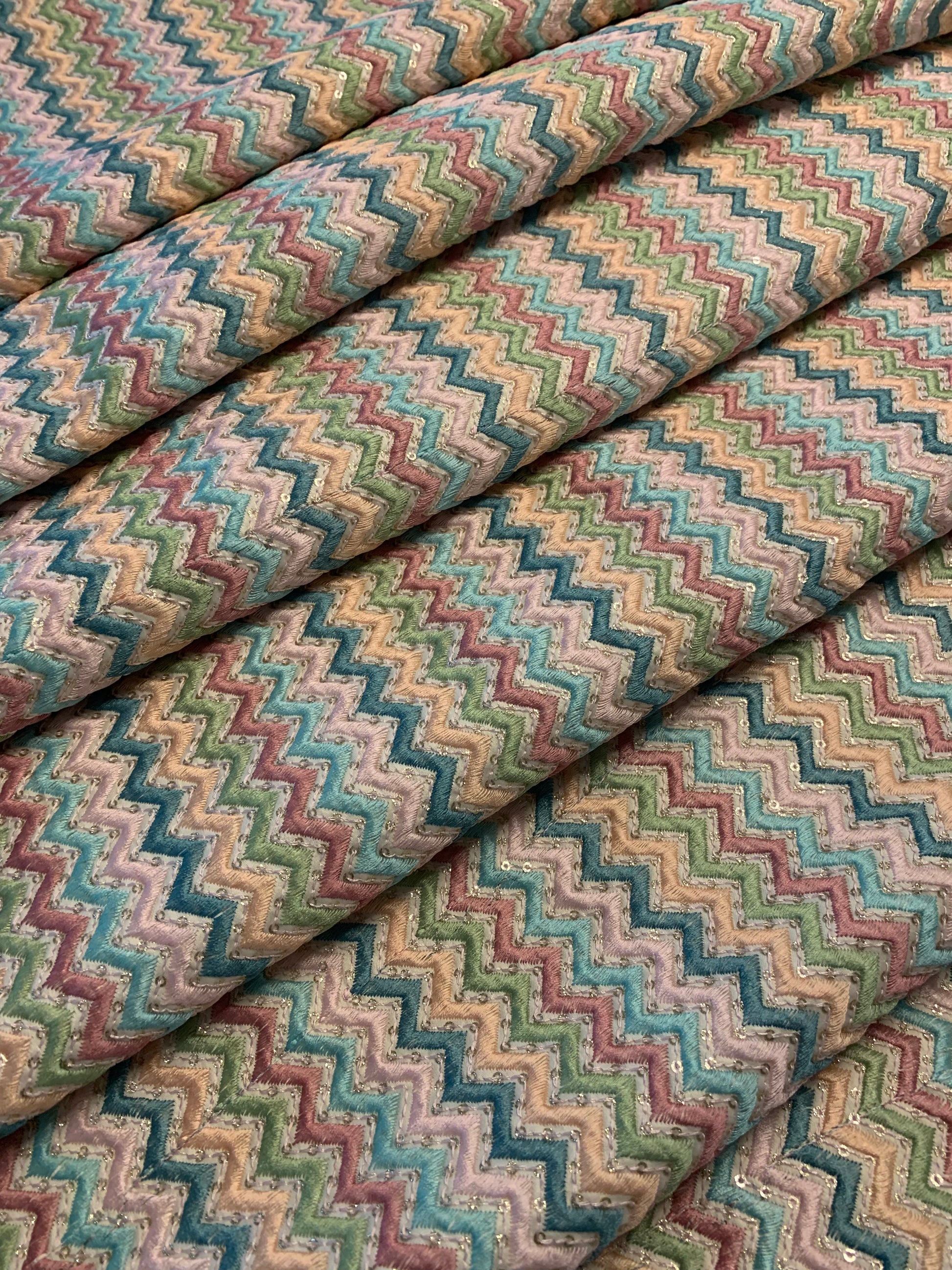 Multicolor Chevron Zig-Zag Embroidered Fabric with Sparkle Sequins