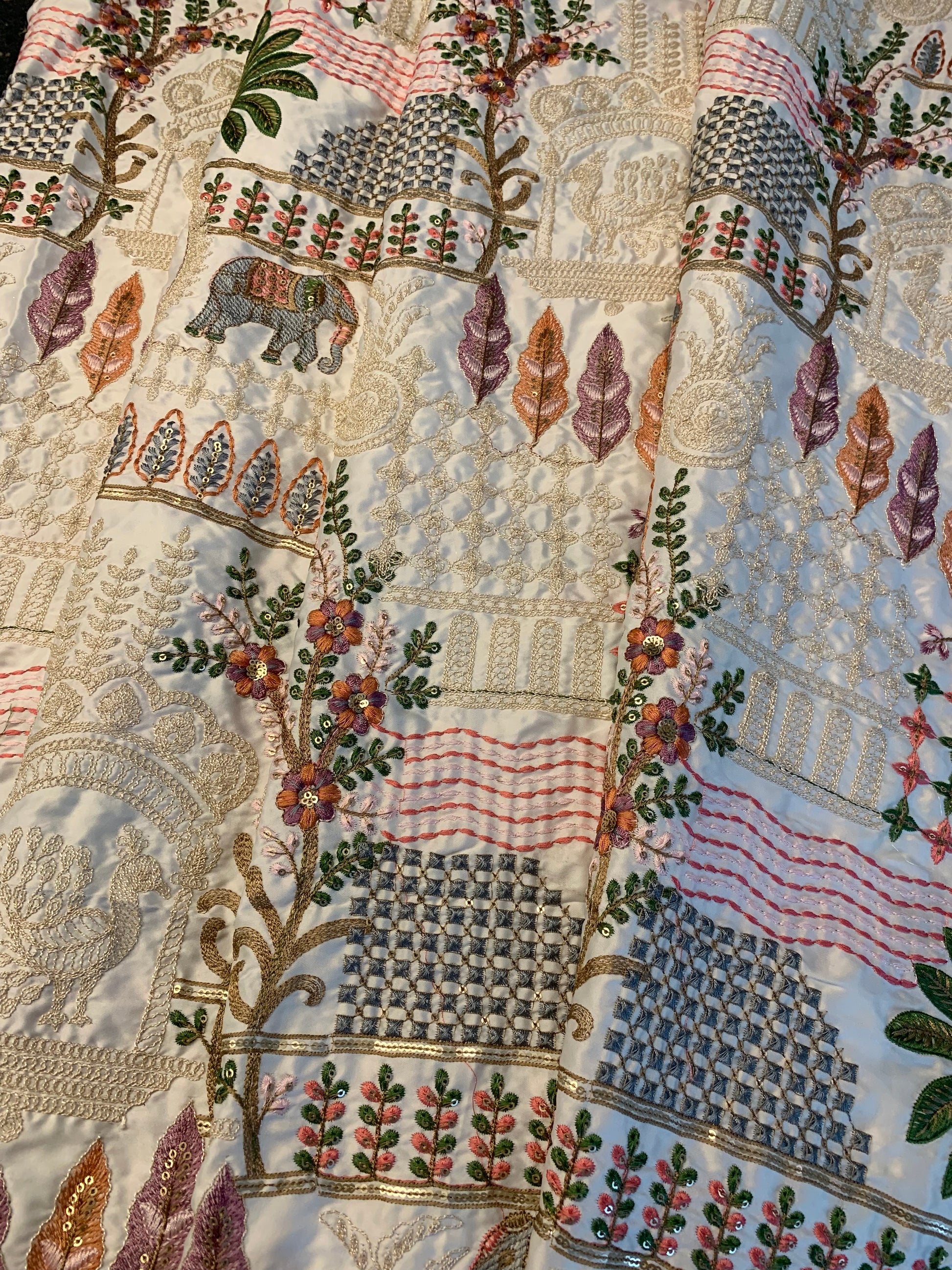 Royal Elephant & Peacock Embroidered Silk Fabric