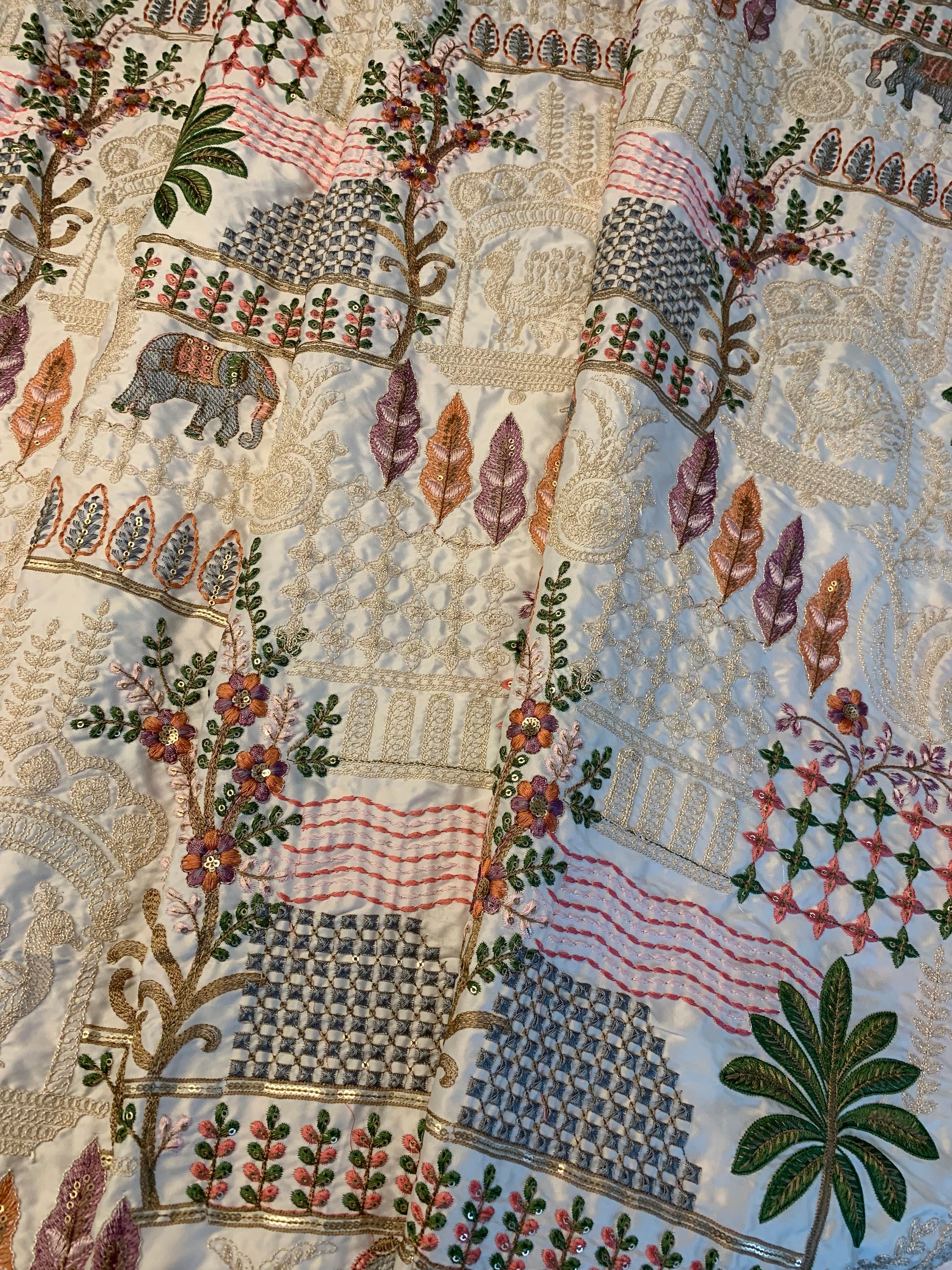 Royal Elephant & Peacock Embroidered Silk Fabric