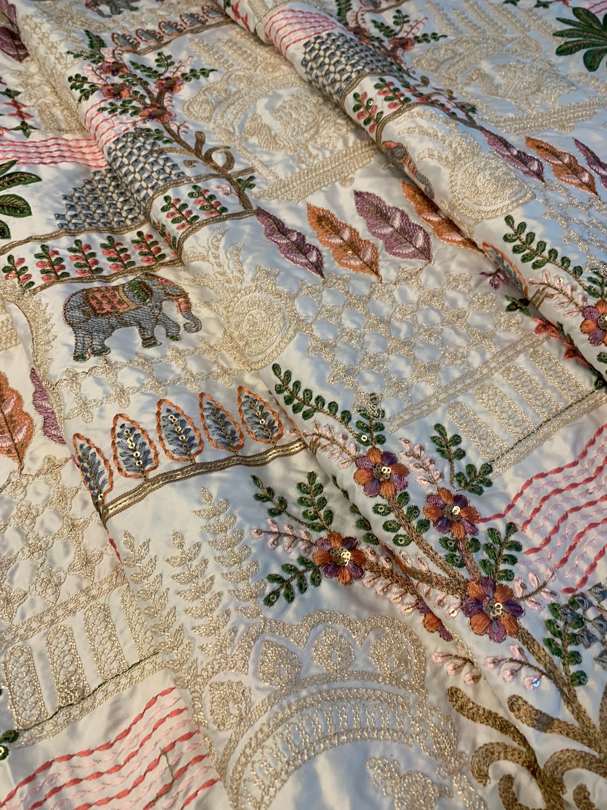 Royal Elephant & Peacock Embroidered Silk Fabric