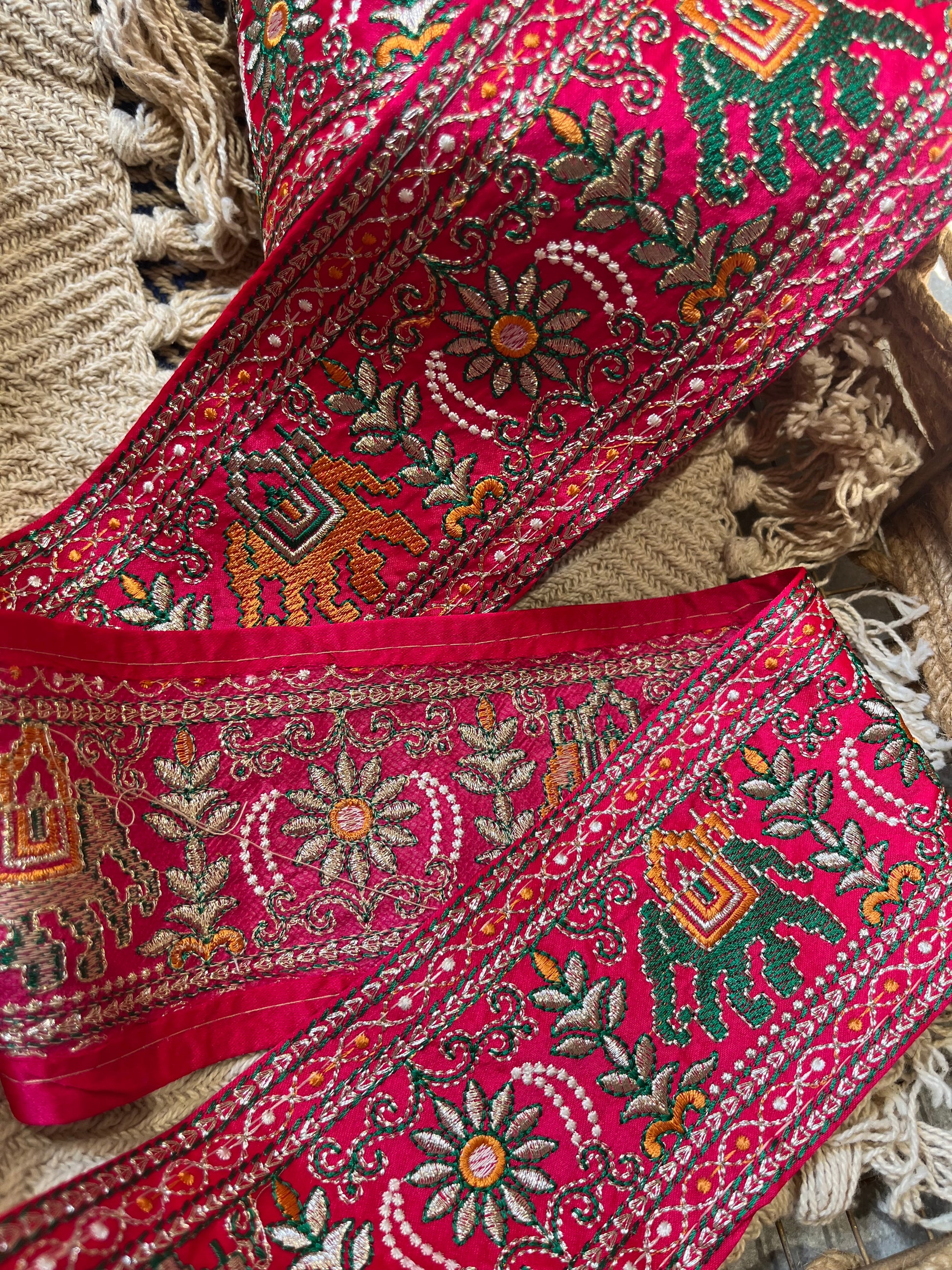 Hot Pink & Gold Elephant Motif Embroidered Lace