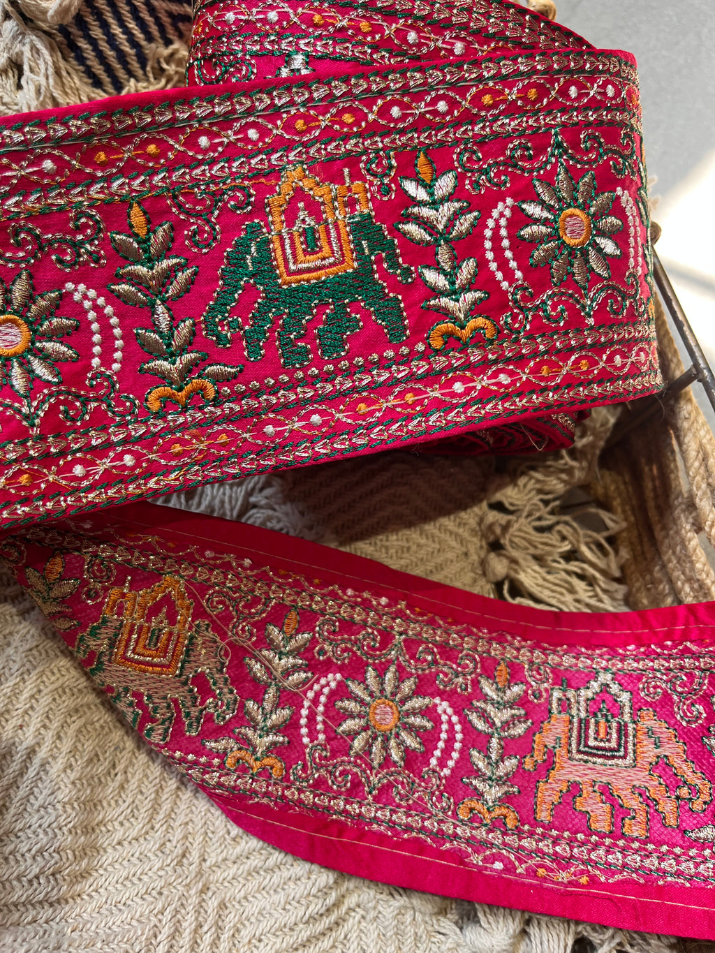 Hot Pink & Gold Elephant Motif Embroidered Lace