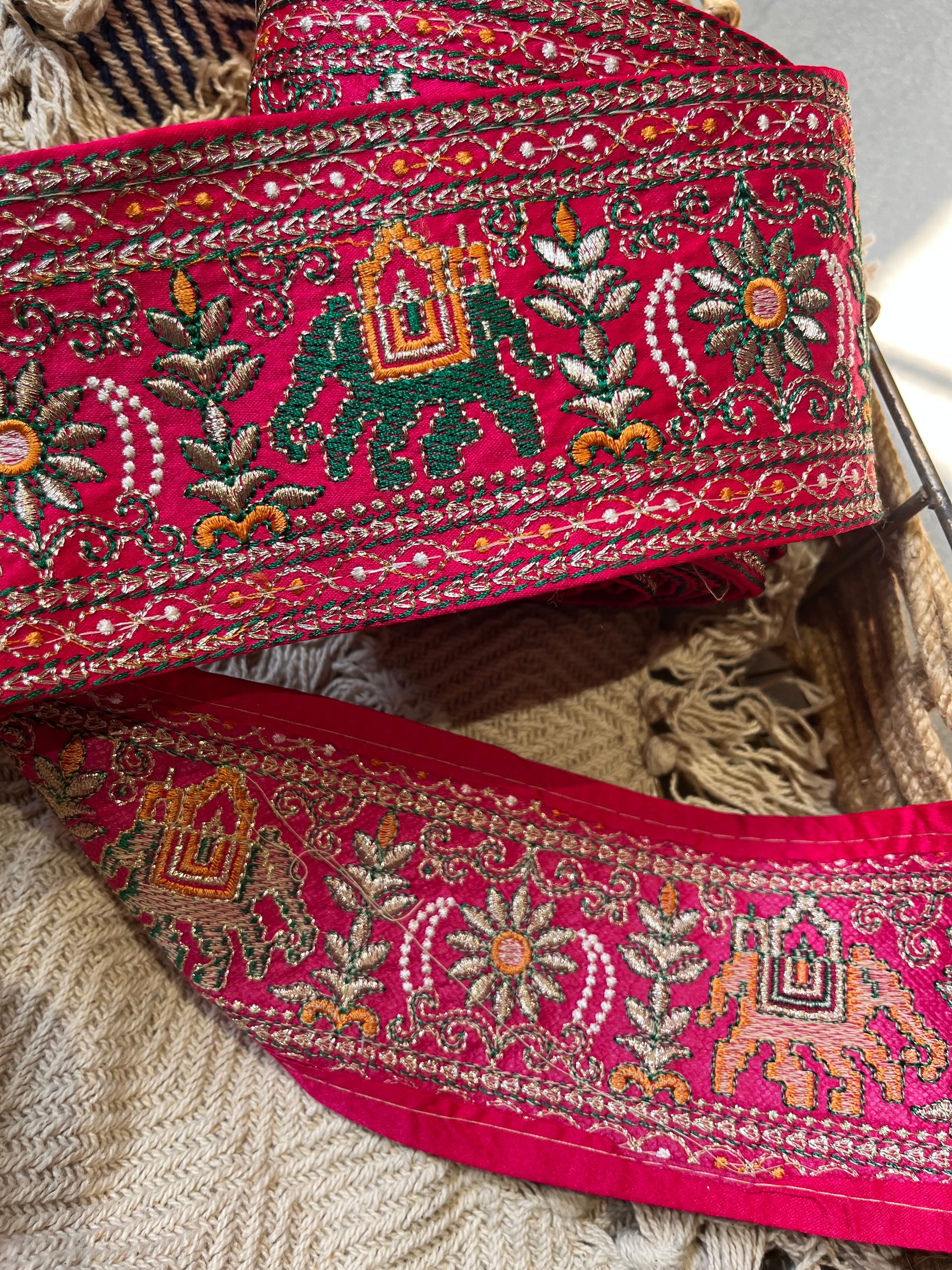 Hot Pink & Gold Elephant Motif Embroidered Lace