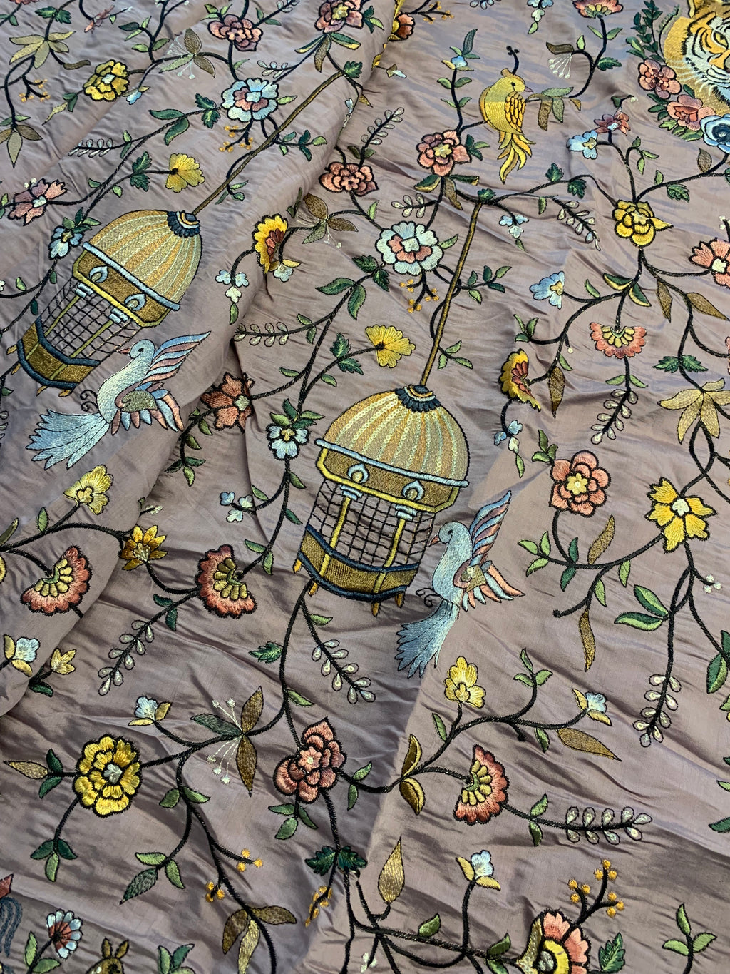 Premium Embroidered Silk-Blend Fabric – Vintage Birdcage & Botanical Motif