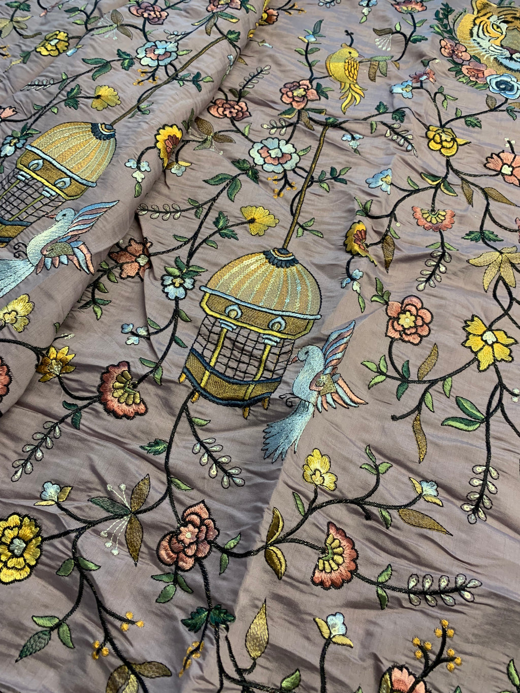 Premium Embroidered Silk-Blend Fabric – Vintage Birdcage & Botanical Motif