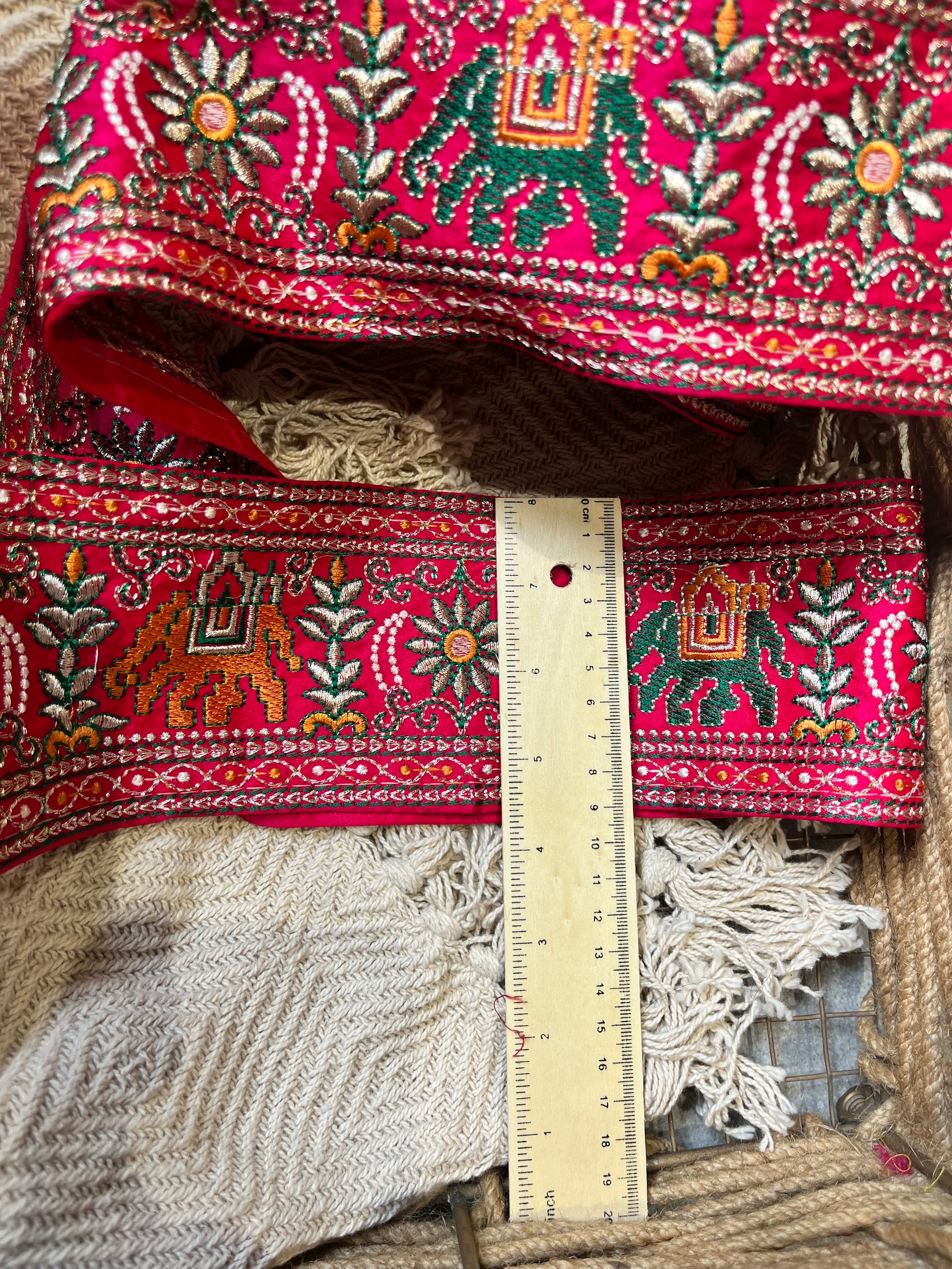 Hot Pink & Gold Elephant Motif Embroidered Lace