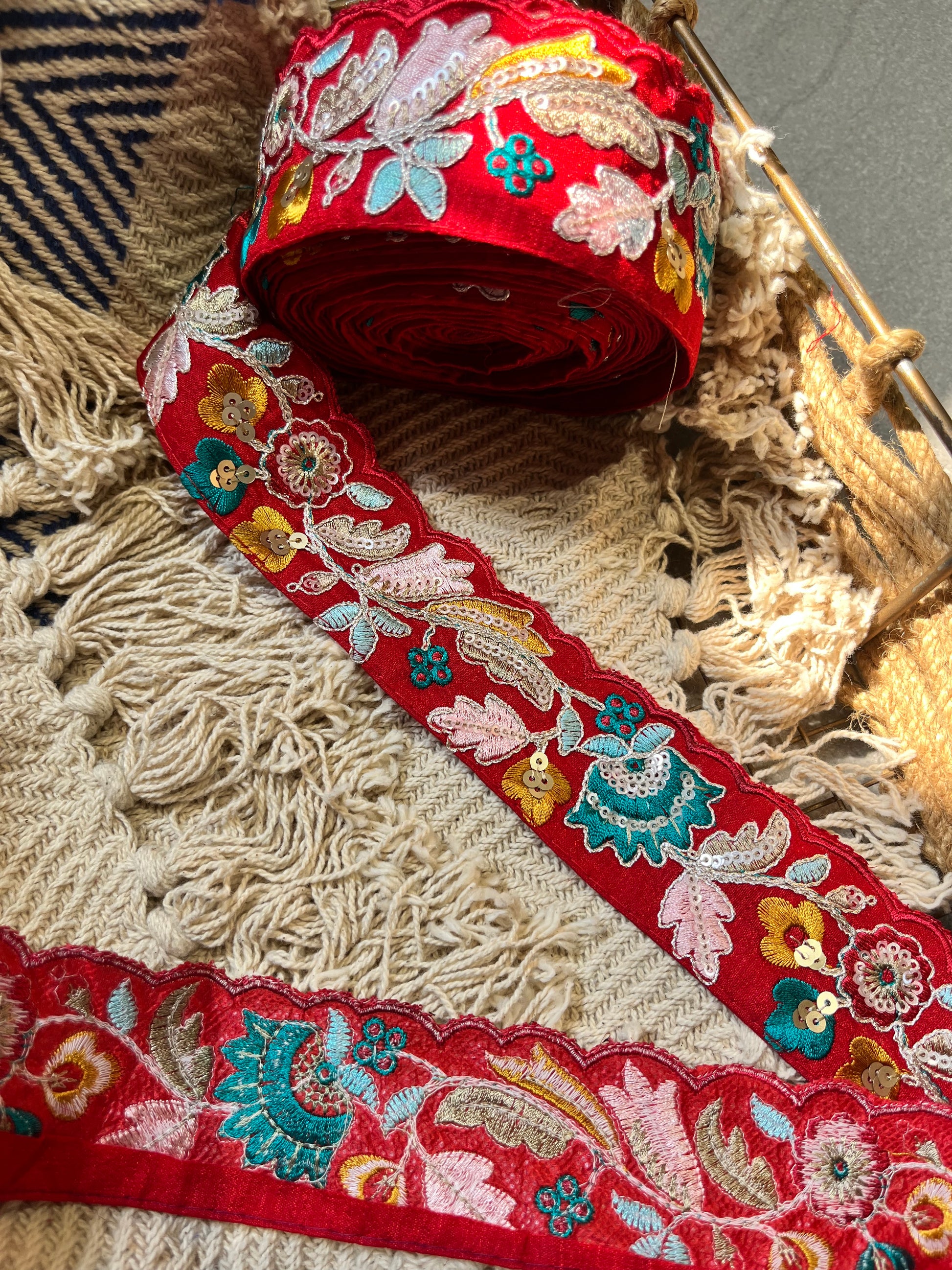 Premium Red Velvet Floral Embroidered Lace Trim