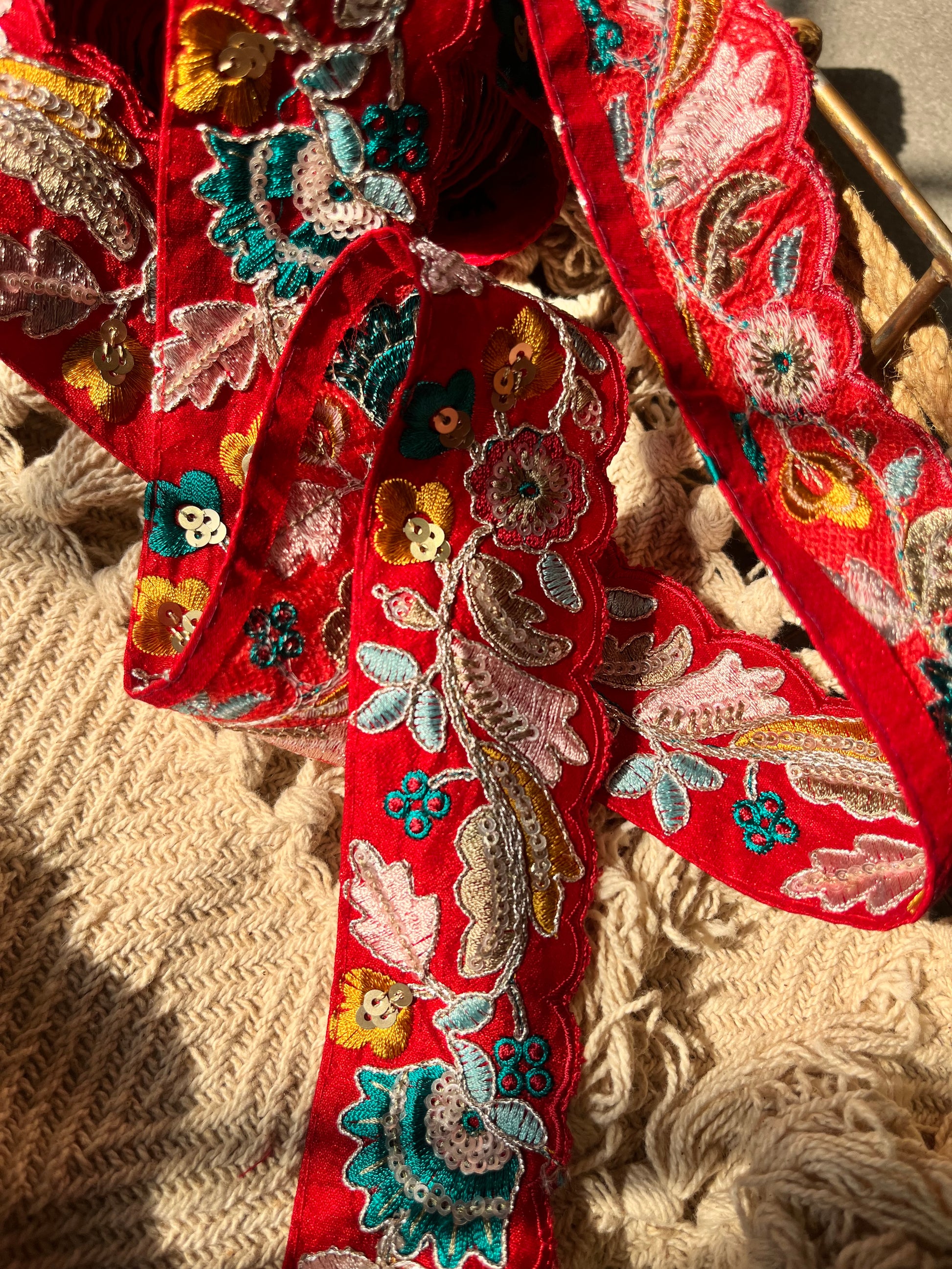 Premium Red Velvet Floral Embroidered Lace Trim