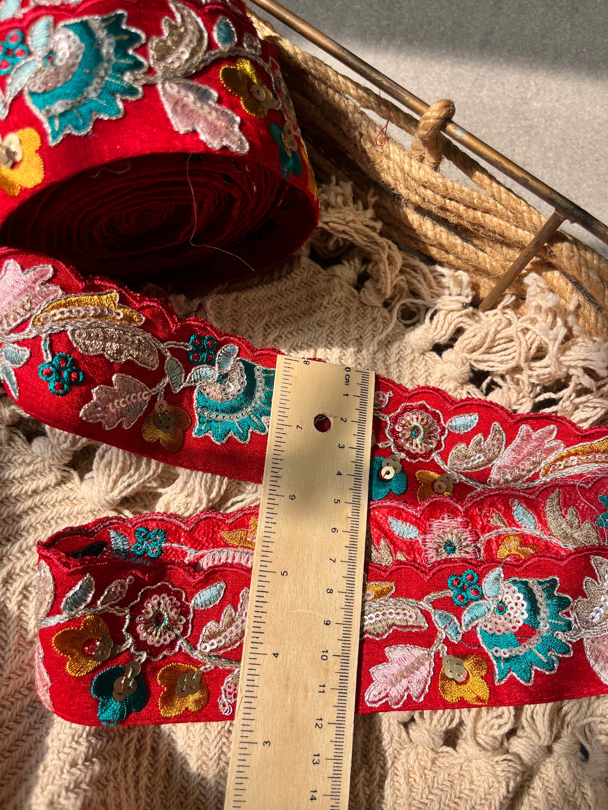 Premium Red Velvet Floral Embroidered Lace Trim