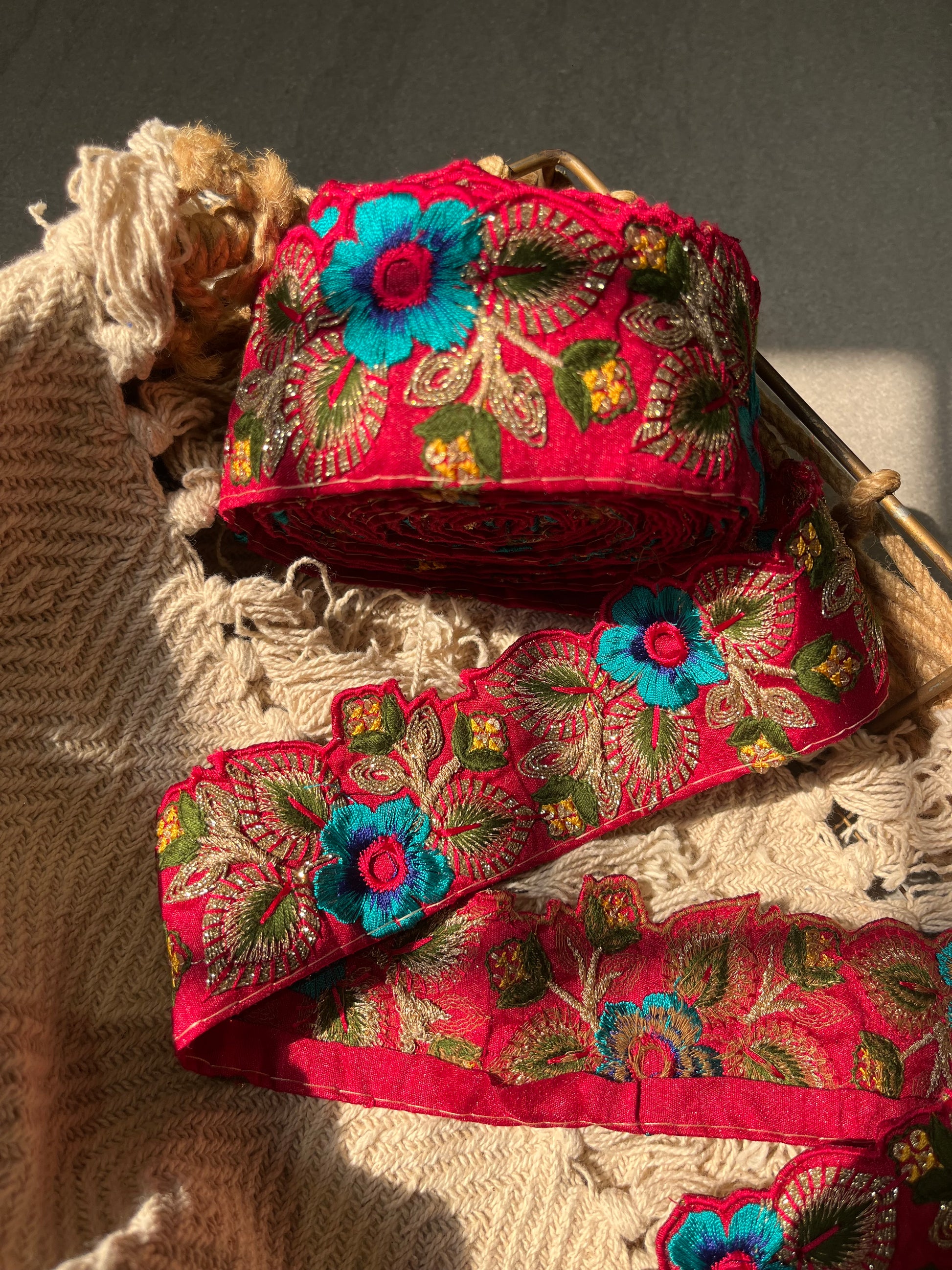 Premium Red Velvet Floral Embroidered Lace Trim