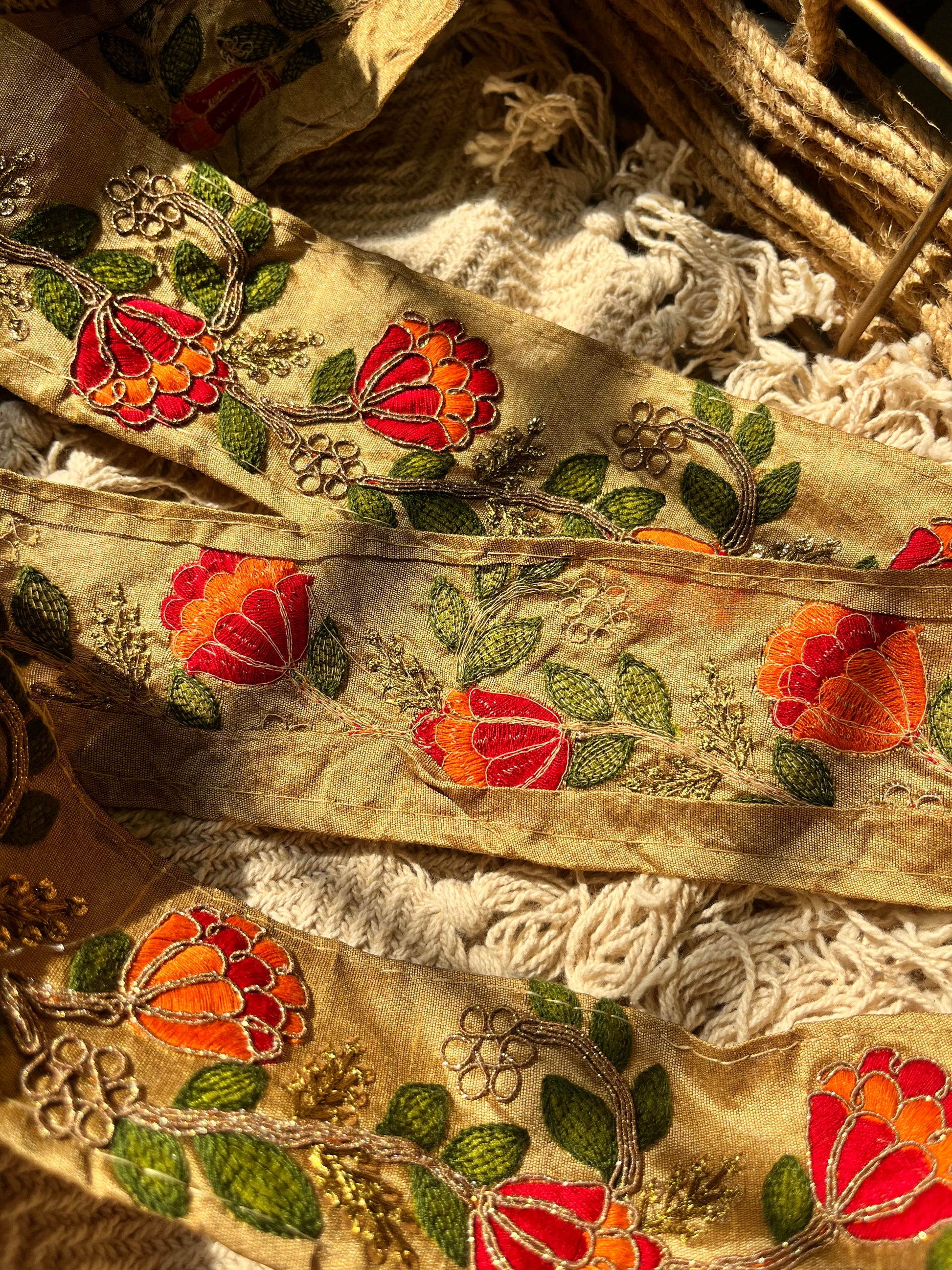 Traditional Floral Embroidered Lace with Red & Orange Blossoms