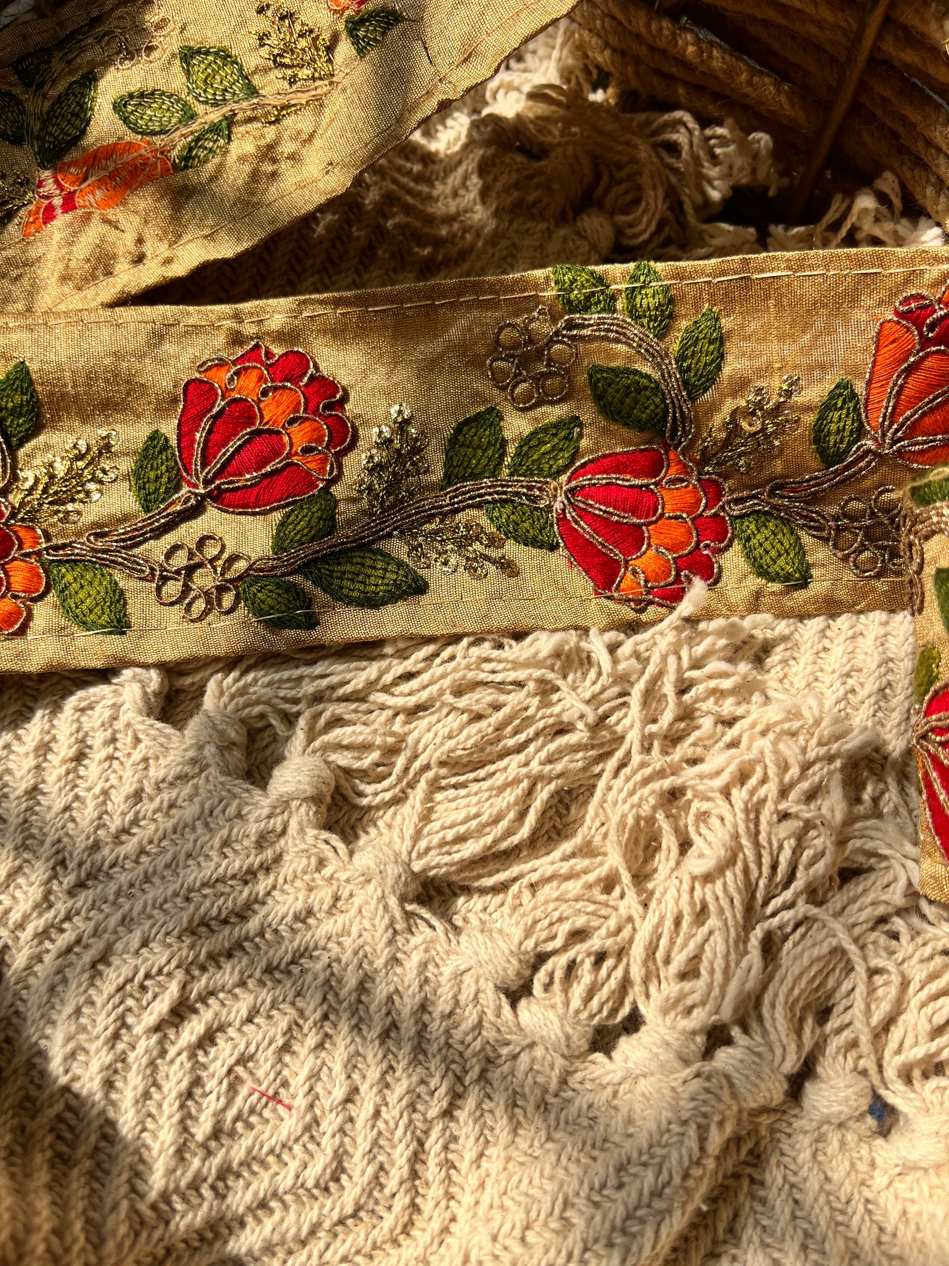 Traditional Floral Embroidered Lace with Red & Orange Blossoms