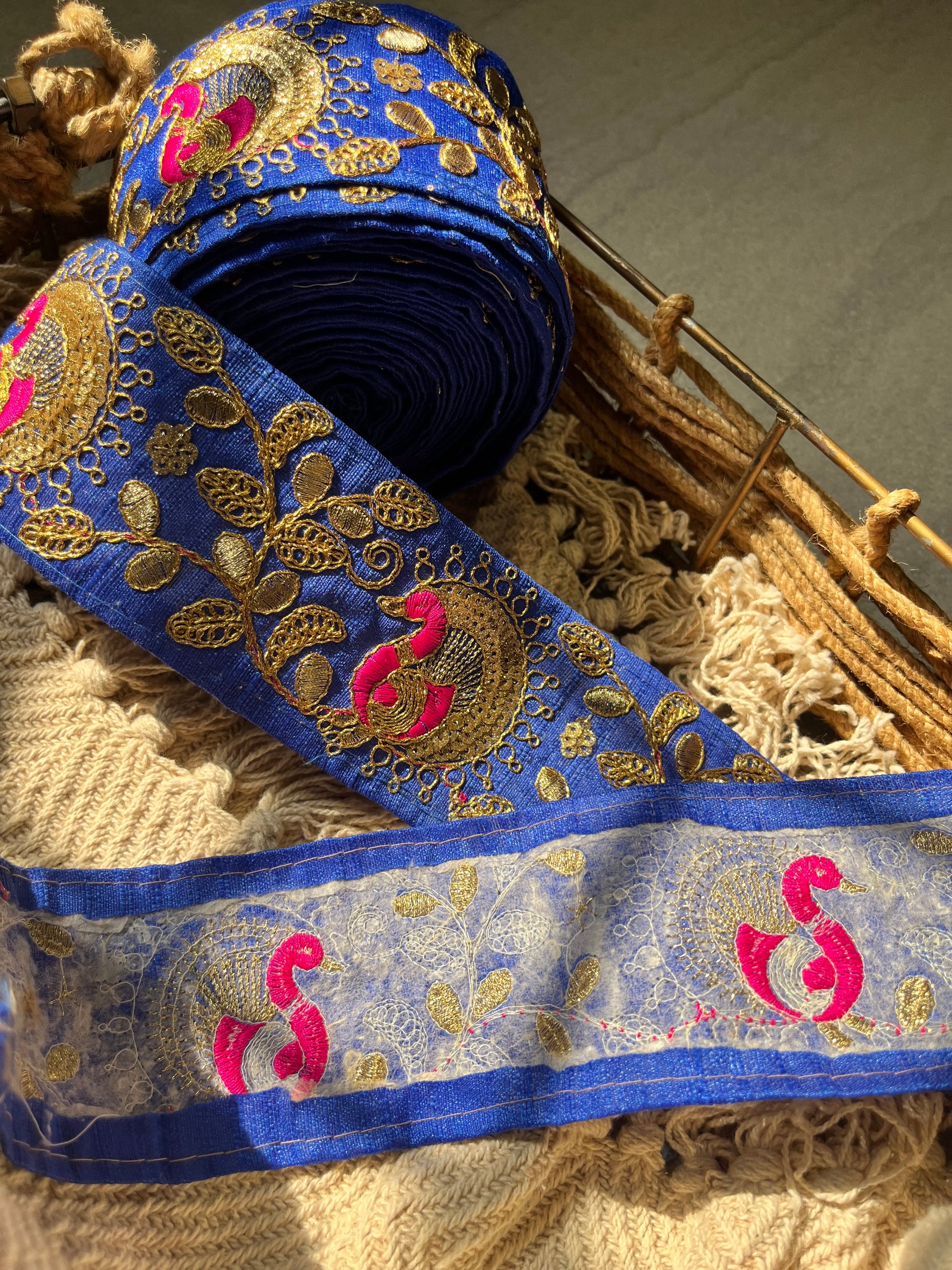Traditional Indian Mor Peacock Motif Zari Border in Royal Blue & Antique Gold