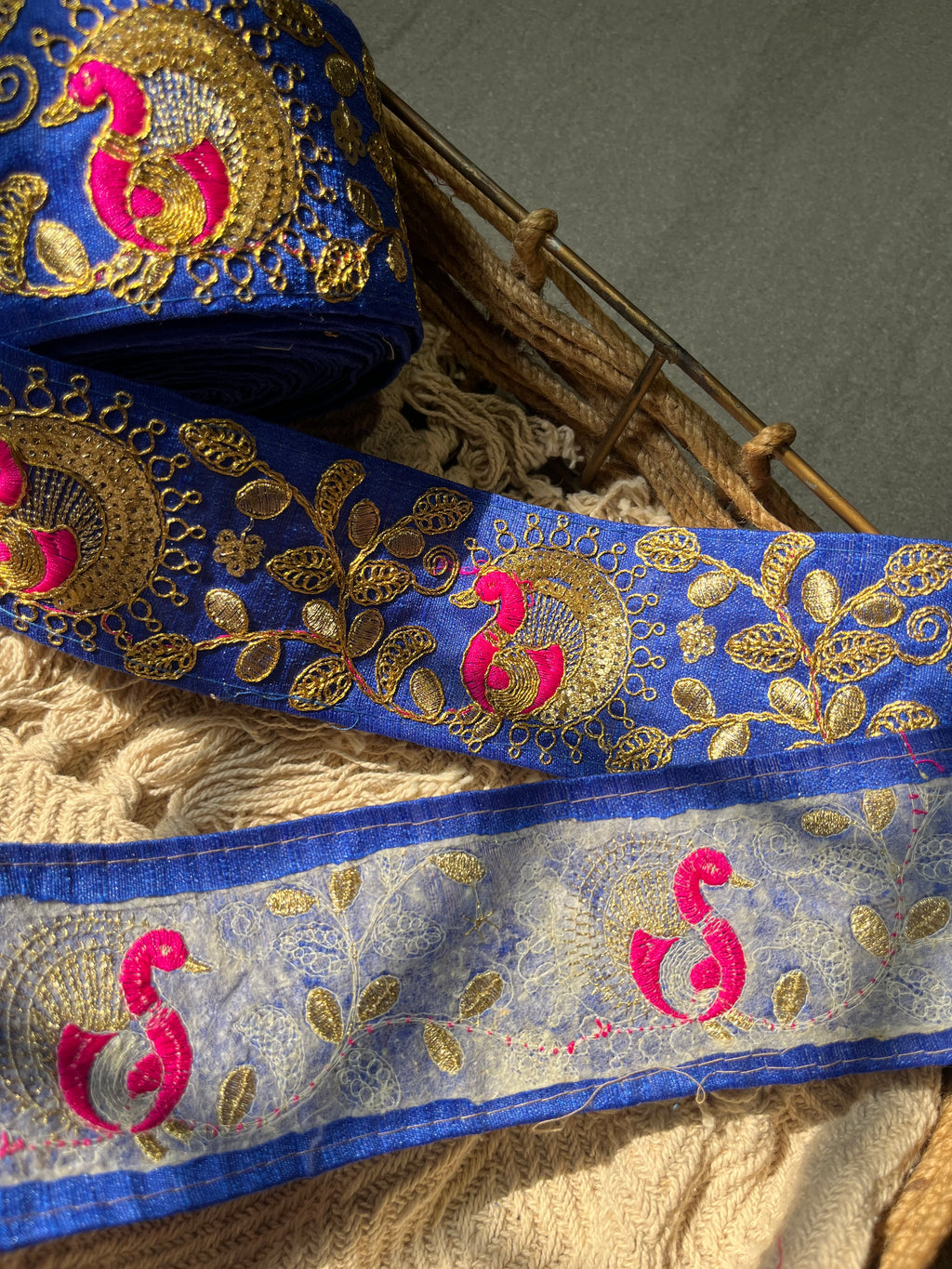 Traditional Indian Mor Peacock Motif Zari Border in Royal Blue & Antique Gold