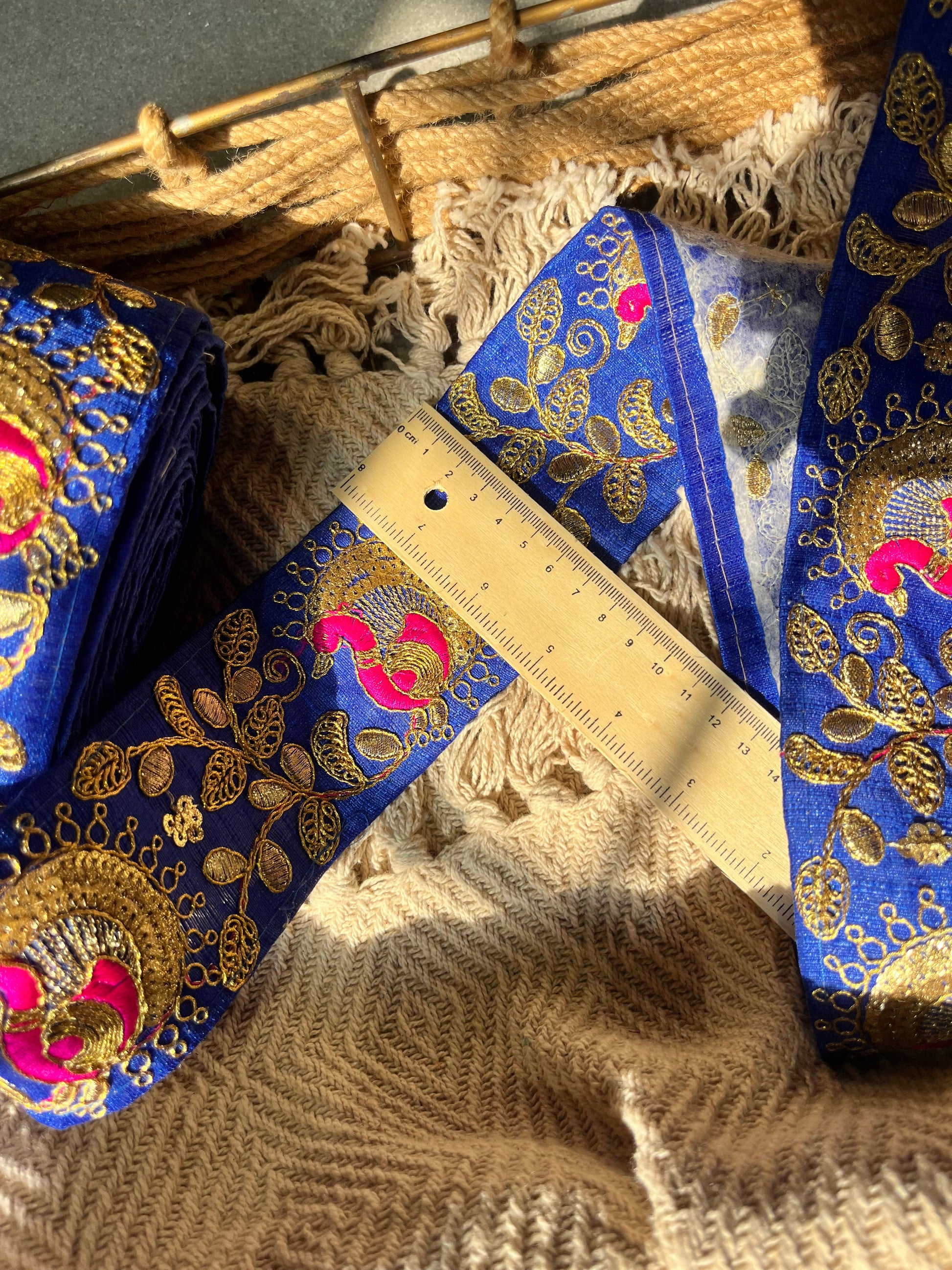 Traditional Indian Mor Peacock Motif Zari Border in Royal Blue & Antique Gold