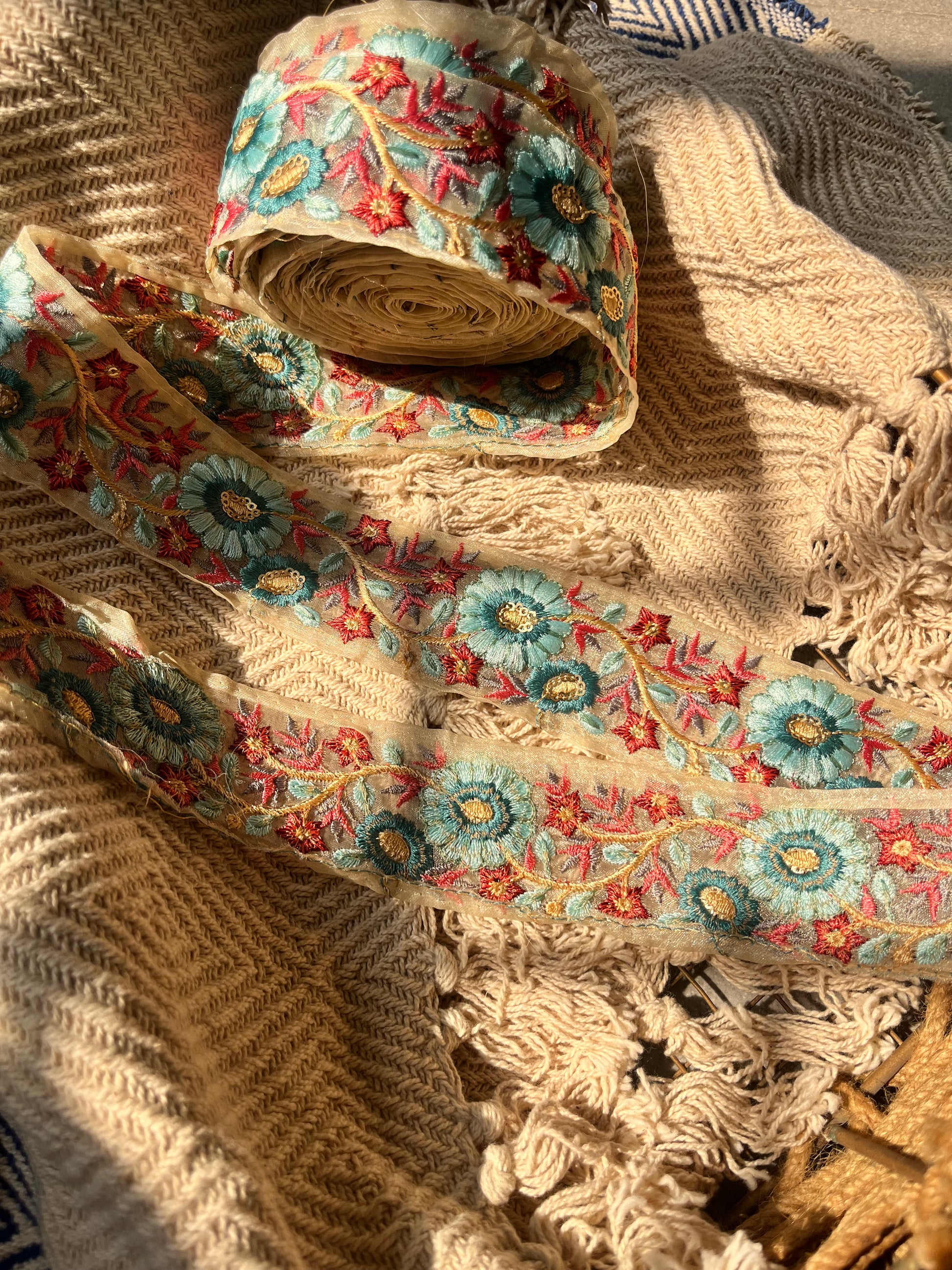 Teal & Crimson Floral Embroidered Organza Lace Trim with Gold Accents