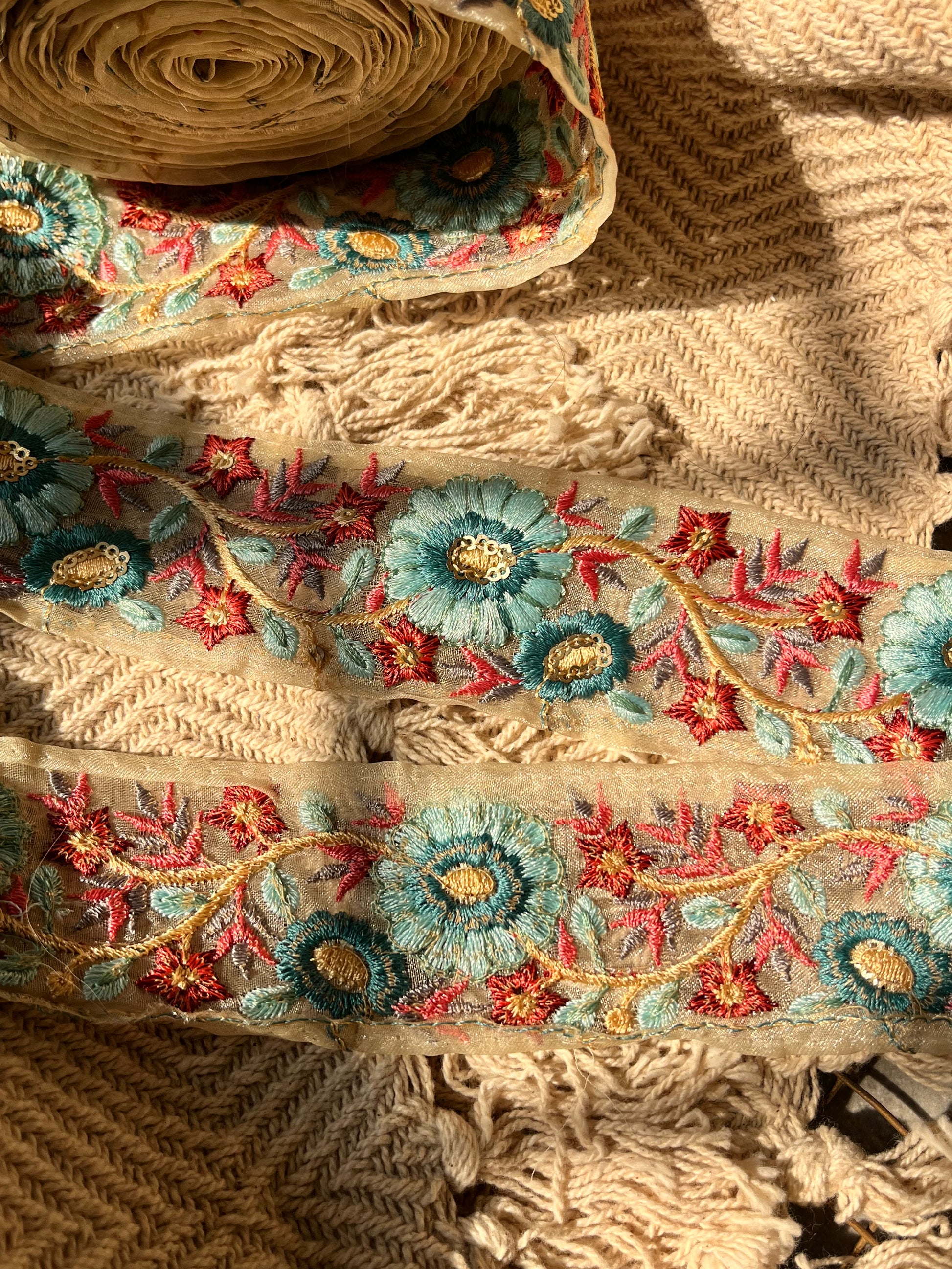 Teal & Crimson Floral Embroidered Organza Lace Trim with Gold Accents