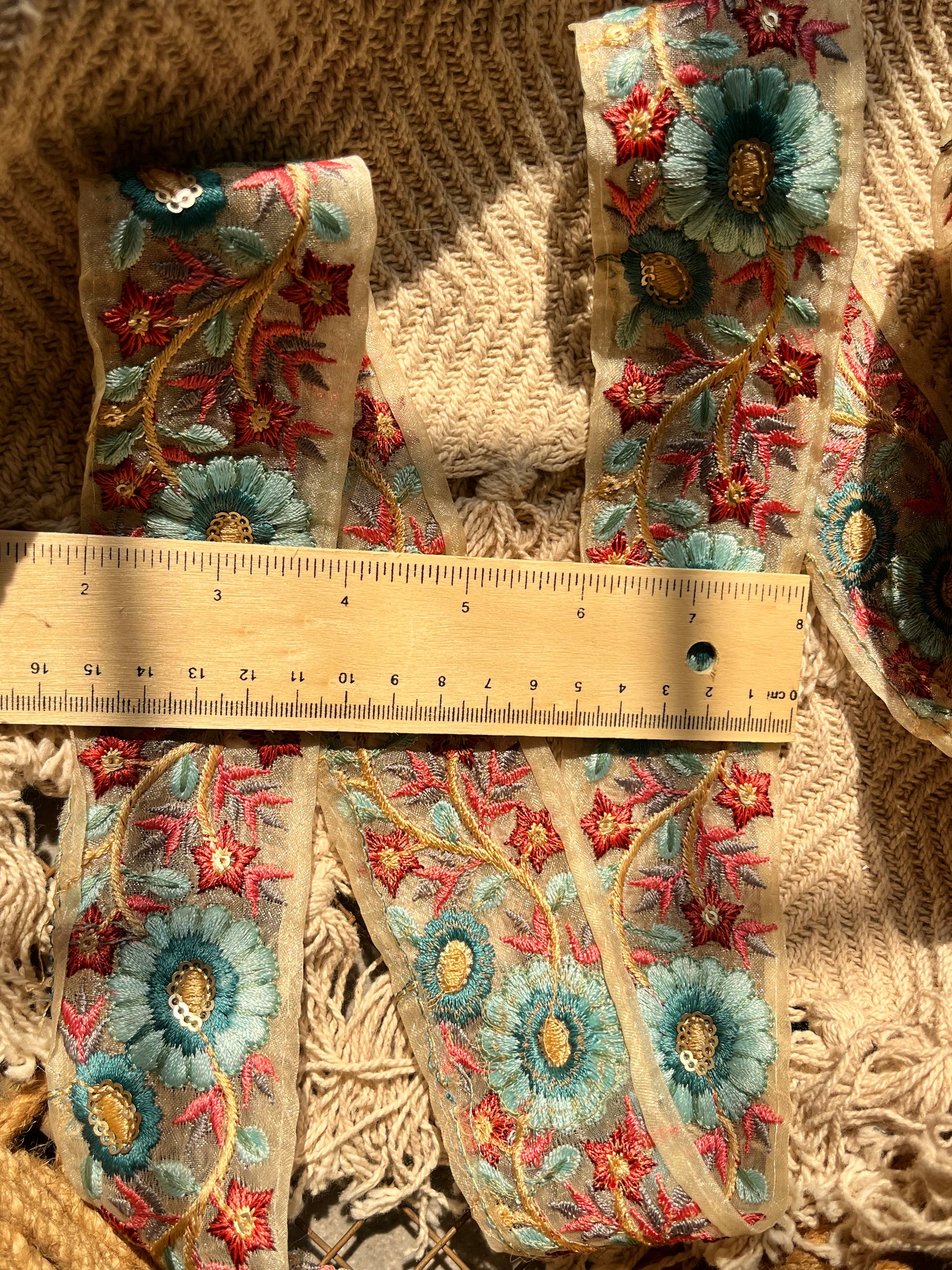 Teal & Crimson Floral Embroidered Organza Lace Trim with Gold Accents